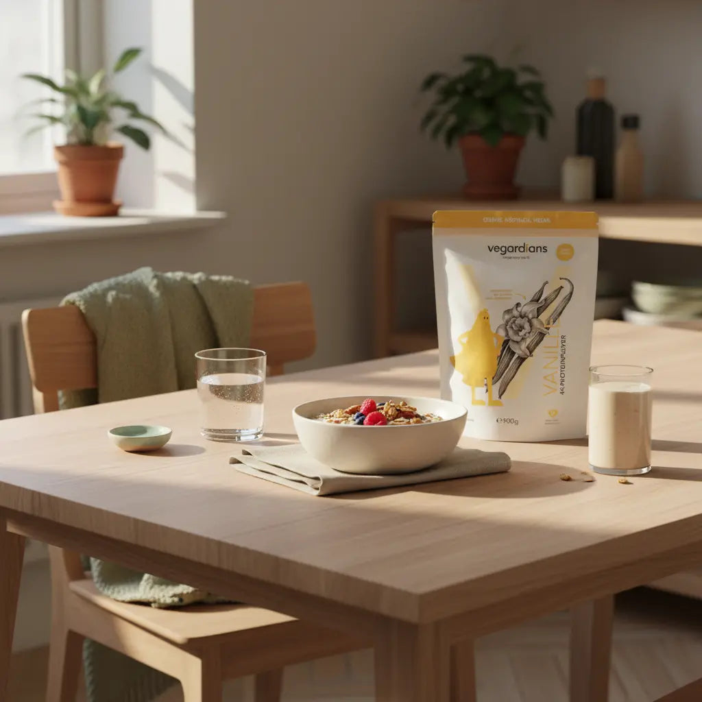 Minimalistisches Morgenfrühstück in europäischer Küche mit Haferflocken, Proteinshake und Glas Wasser, Produkt im Fokus — Bierbauch loswerden