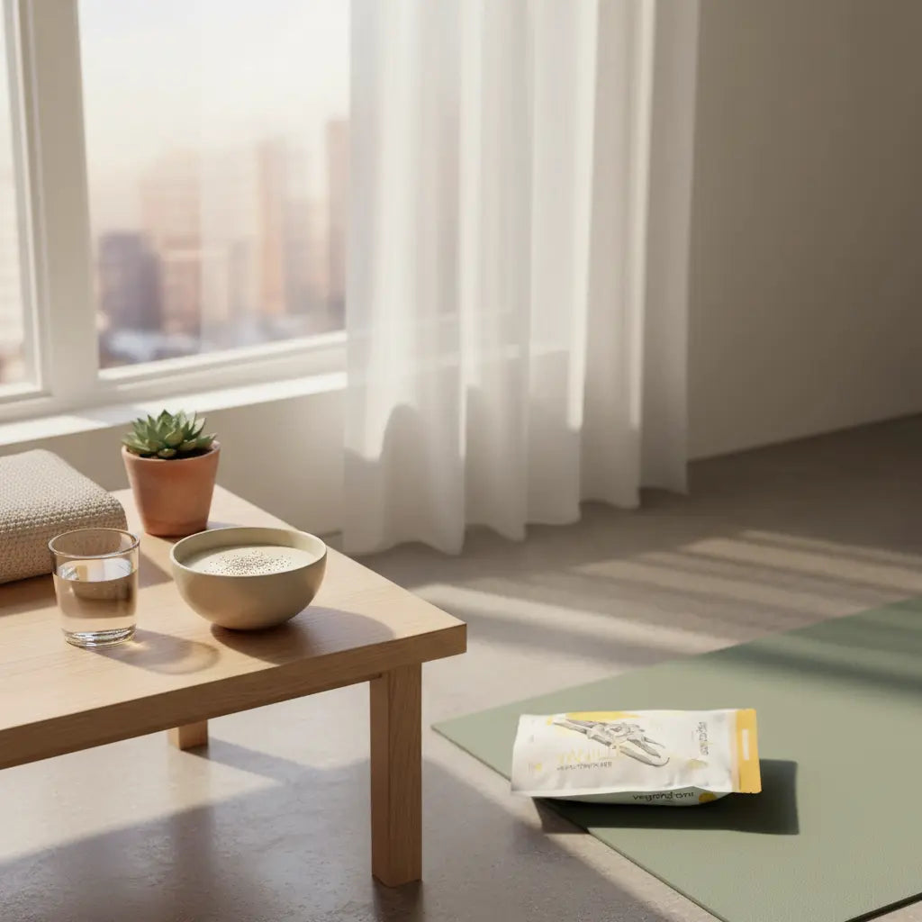 Minimalistische Heimworkout-Szene: Yogamatte am Fenster, Tisch mit Wasserglas, veganem Proteinshake und dem Produkt aus den Referenzfotos in ruhigen Erdtönen — Bodyweight Training zuhause