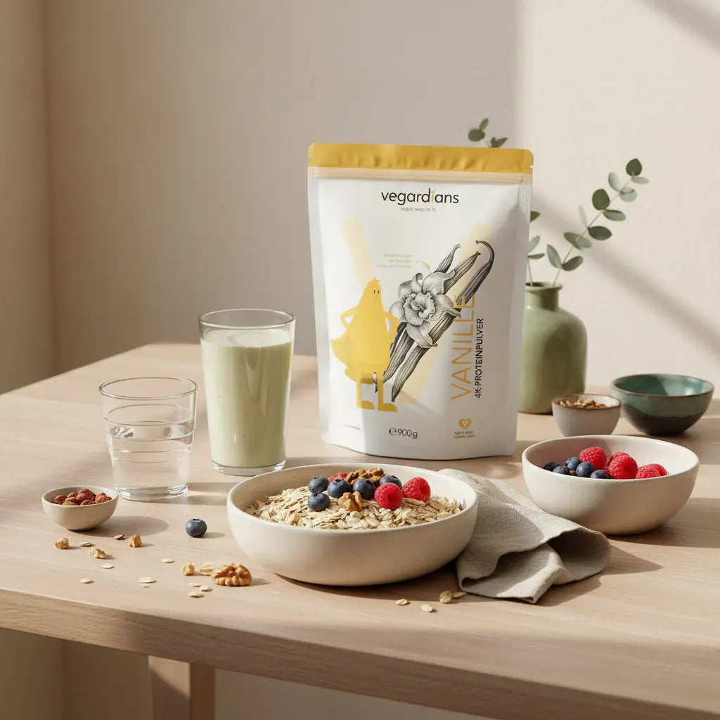 Europäische Morgenszene: Holztisch mit Glas Wasser, Hafer mit Beeren und Nüssen, Proteinshake und Vegardians-Produkt in ruhiger Atmosphäre. Cardio-Gerät gegen Bauchfett