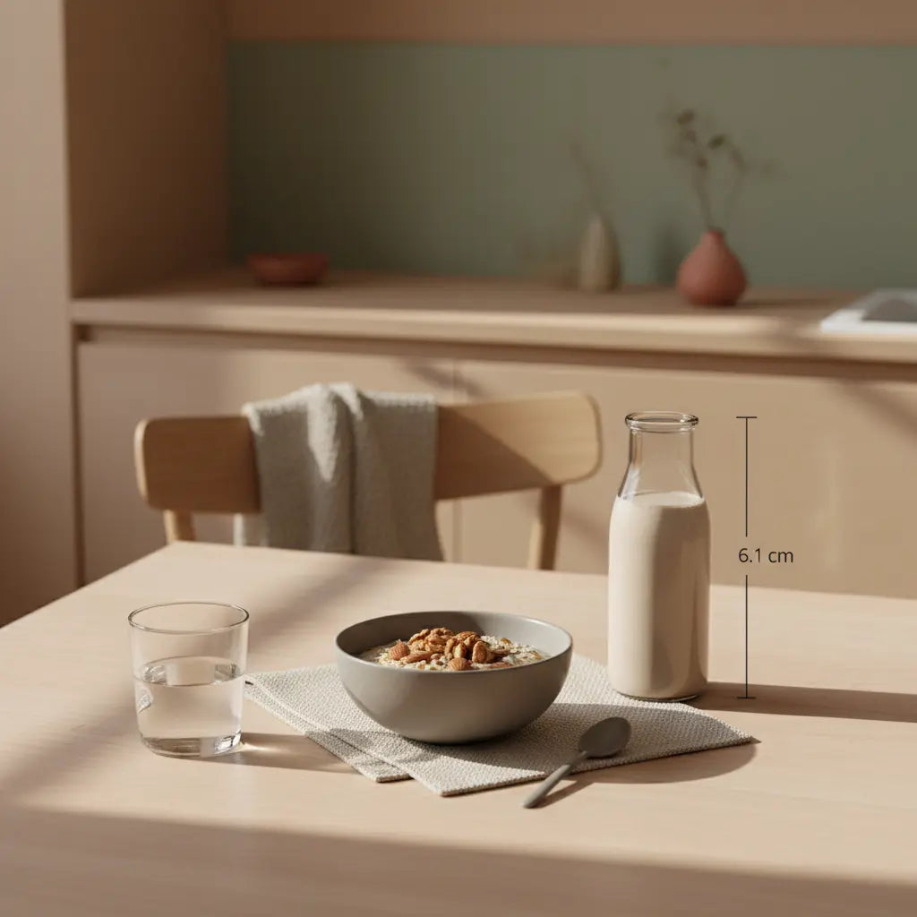 Minimalistisches Morgenfrühstück auf nachhaltigem Holztisch mit Haferbrei, Nüssen, Glas Wasser und neutralem Proteinshake (Das Produkt aus den Referenzfotos) in sanftem Morgenlicht, Cardio Training