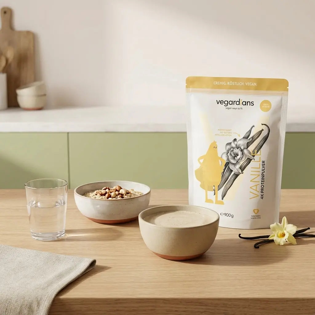 Minimalistische Küche am Morgen mit nachhaltigem Holztisch, Glas Wasser, Schale mit Haferflocken, Nüssen und Shake — Cardio zum Abnehmen