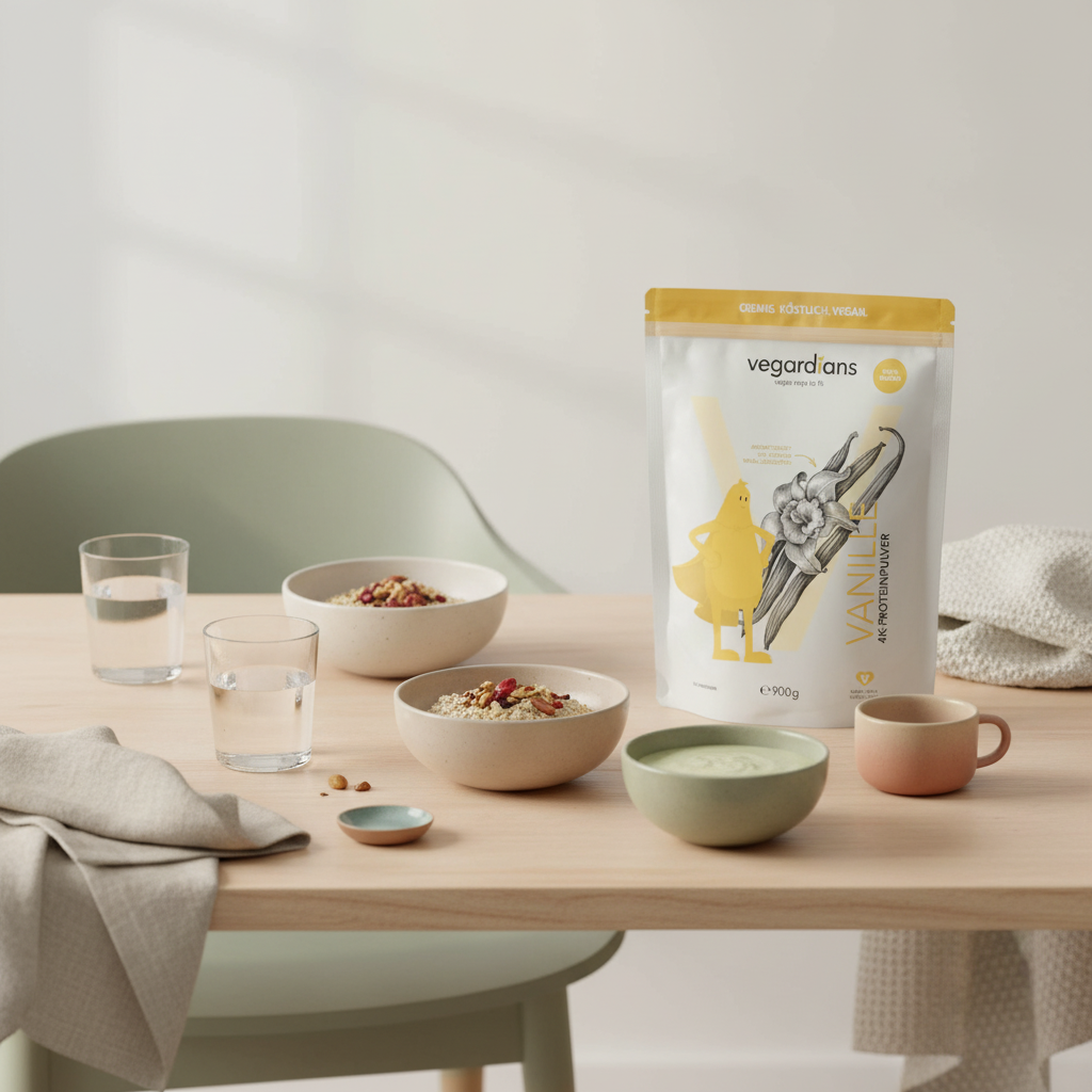 Minimalistische europäische Küche mit nachhaltigem Holztisch, Müsli, Pflanzshake, Wasserglas und dem Produkt creatin monohydrat aus den Referenzfotos im sanften Morgenlicht.