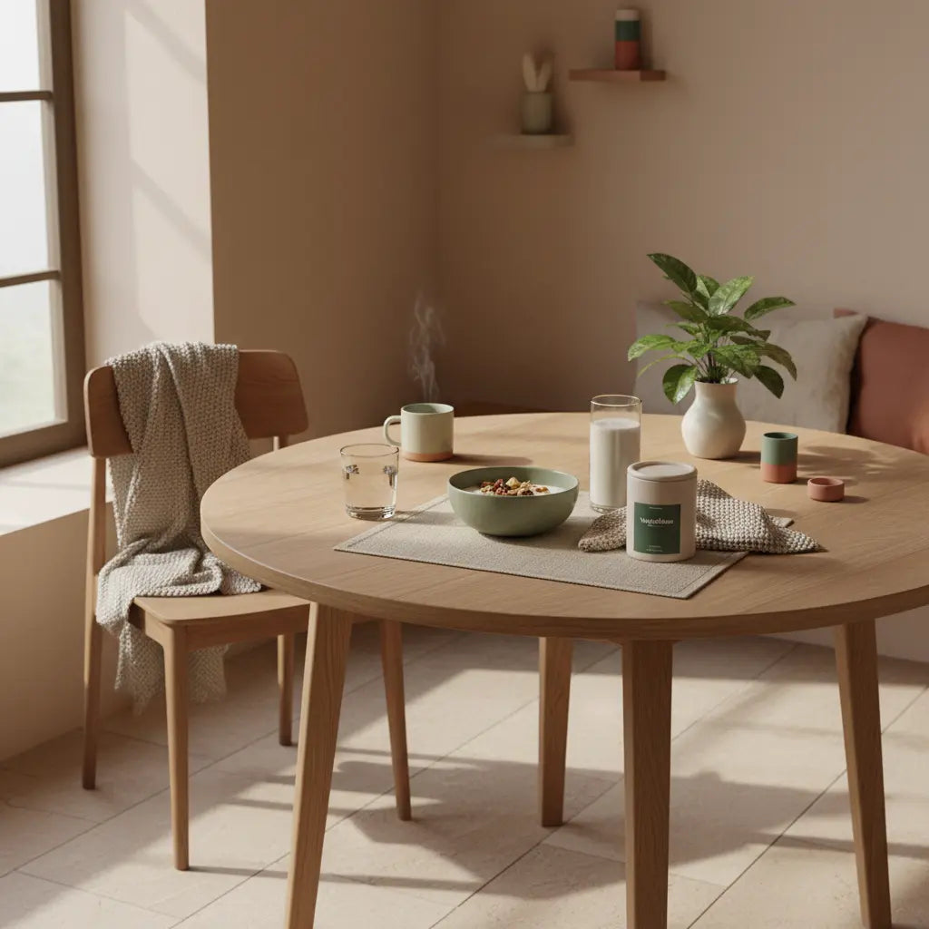 Ruhiges Morgenfrühstück mit veganer Granola, Joghurt, Nüssen, Shake und Produkt aus den Referenzfotos im Fokus – umfassend für Darm-Reset in minimalistischer Küche.