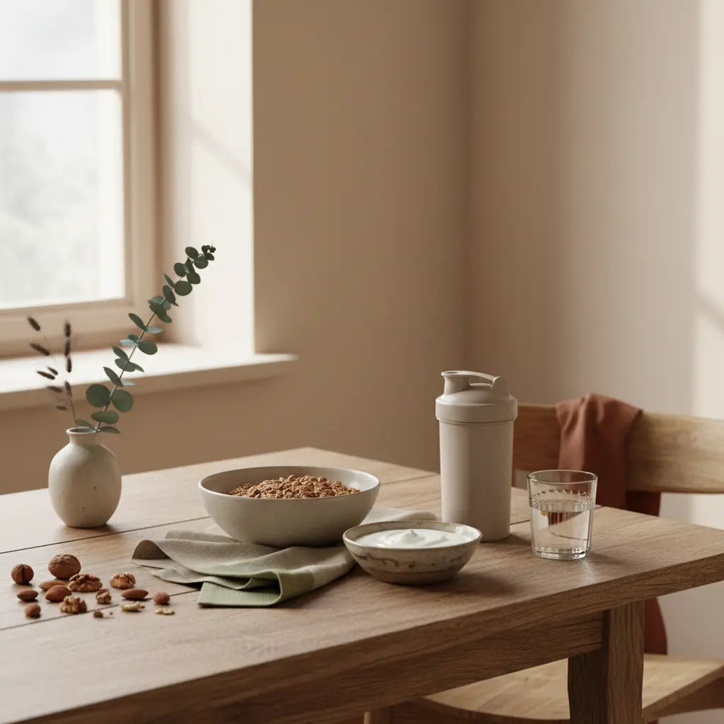 Minimalistische Morgenszene für Darmkur: nachhaltiger Holztisch mit Müsli‑Bowl, Pflanzenjoghurt, Nüssen, Wasserglas und neutralem Proteinshake in erdiger Vegardians-Palette.