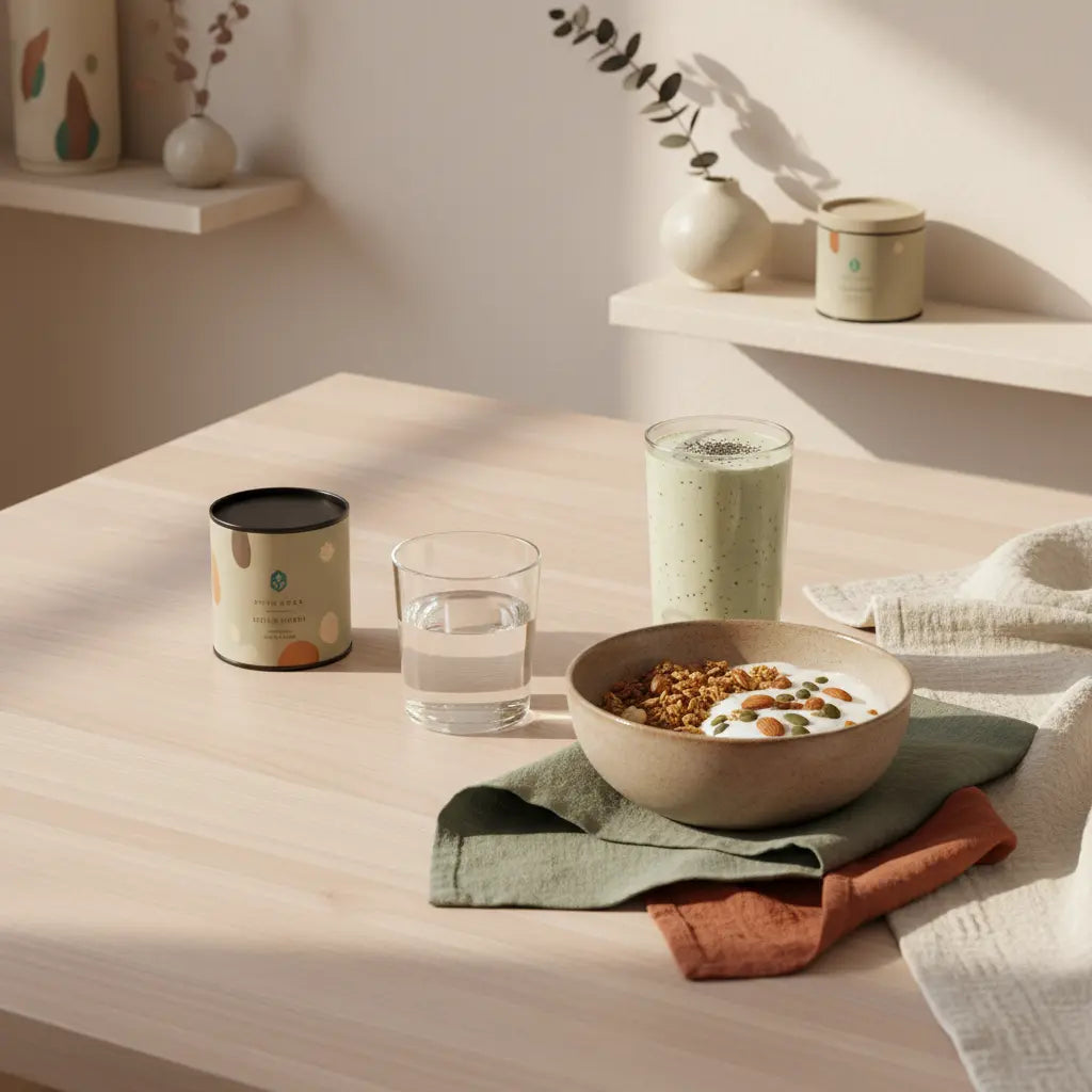 Minimalistische Frühstücksszene in europäischer Küche mit Granola, veganem Shake, Glas Wasser und dem Produkt aus den Referenzfotos auf nachhaltigem Tisch, Fokus: darmreinigung natürlich