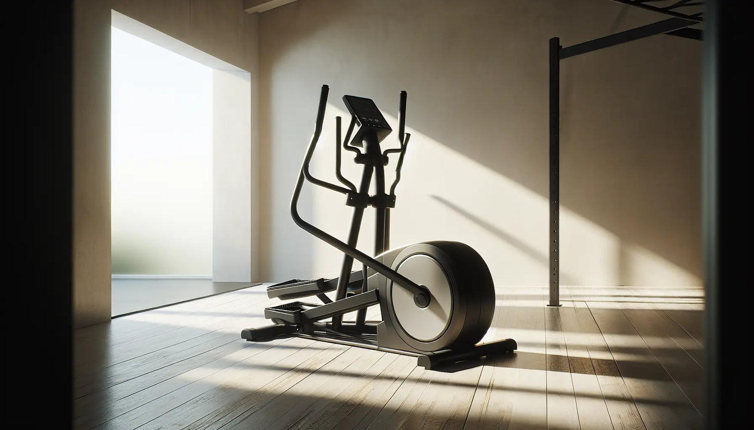 moderner crosstrainer im leeren fitnessraum mit hellem naturlicht rustikaler boden und sonniger wand innenraum