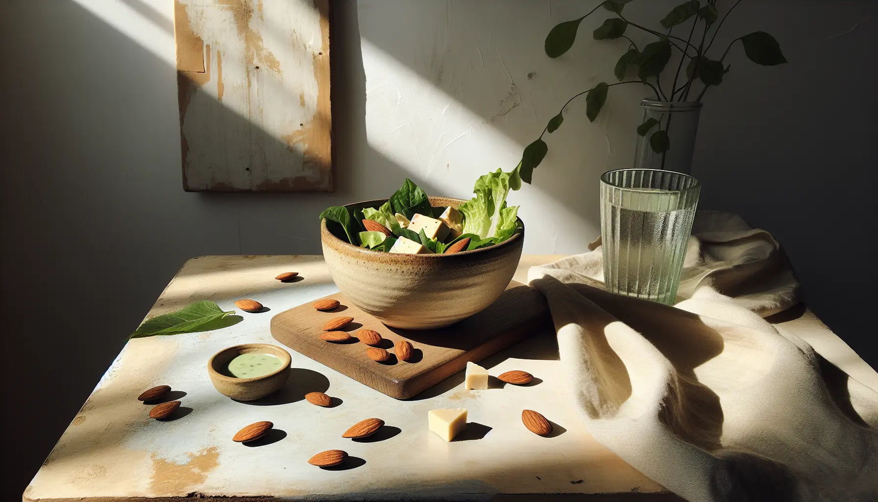 vegetarische proteinreiche low carb lebensmittel tofu kaese mandeln gruene blaetter auf hellem hintergrund rustikales holz