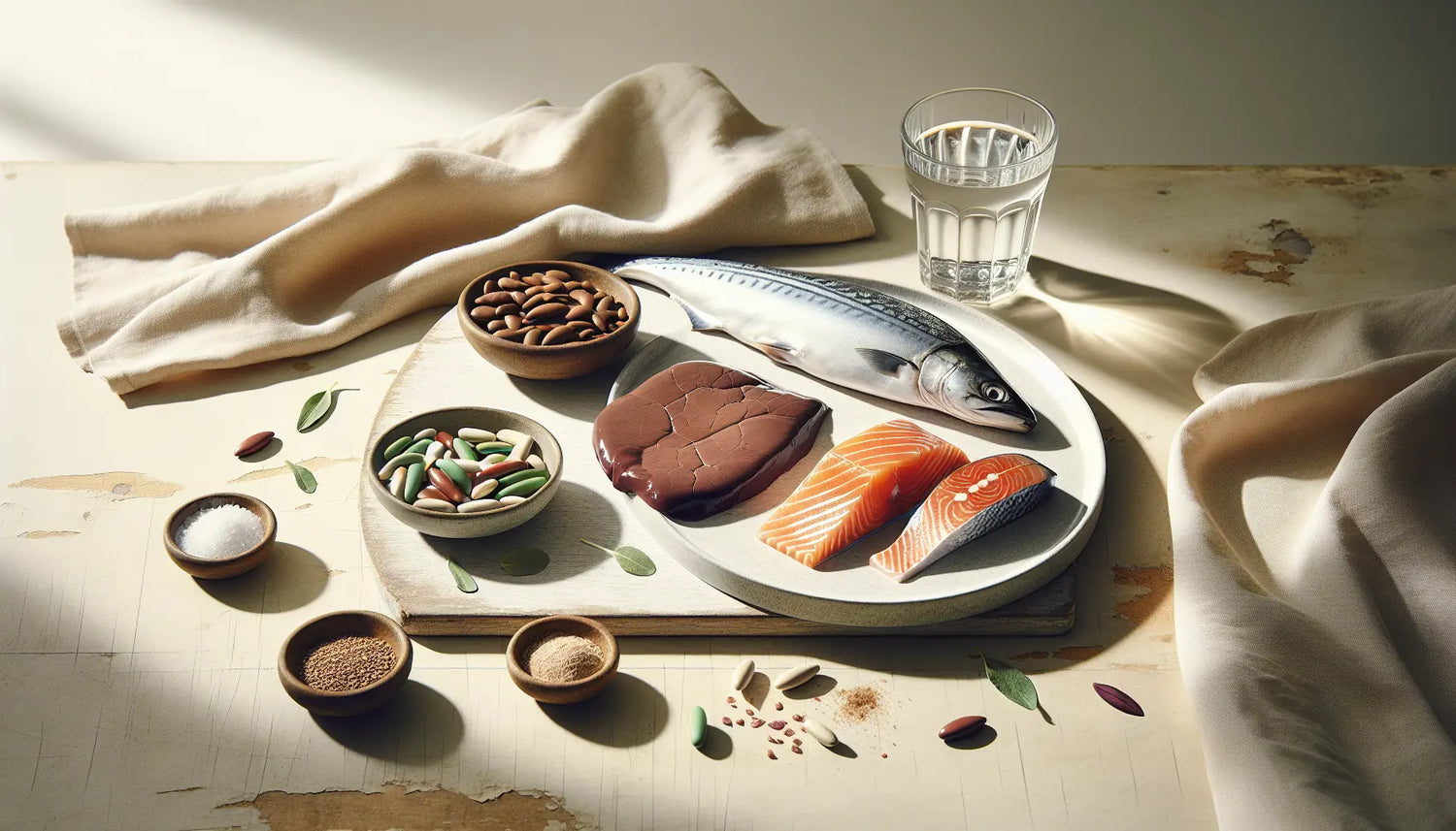 Auswahl tierische Lebensmittel reich Vitamin B12 Leber Makrele Lachs mit Teller pflanzliche Nahrungsergaenzungsmittel helle rustikale oberflaeche