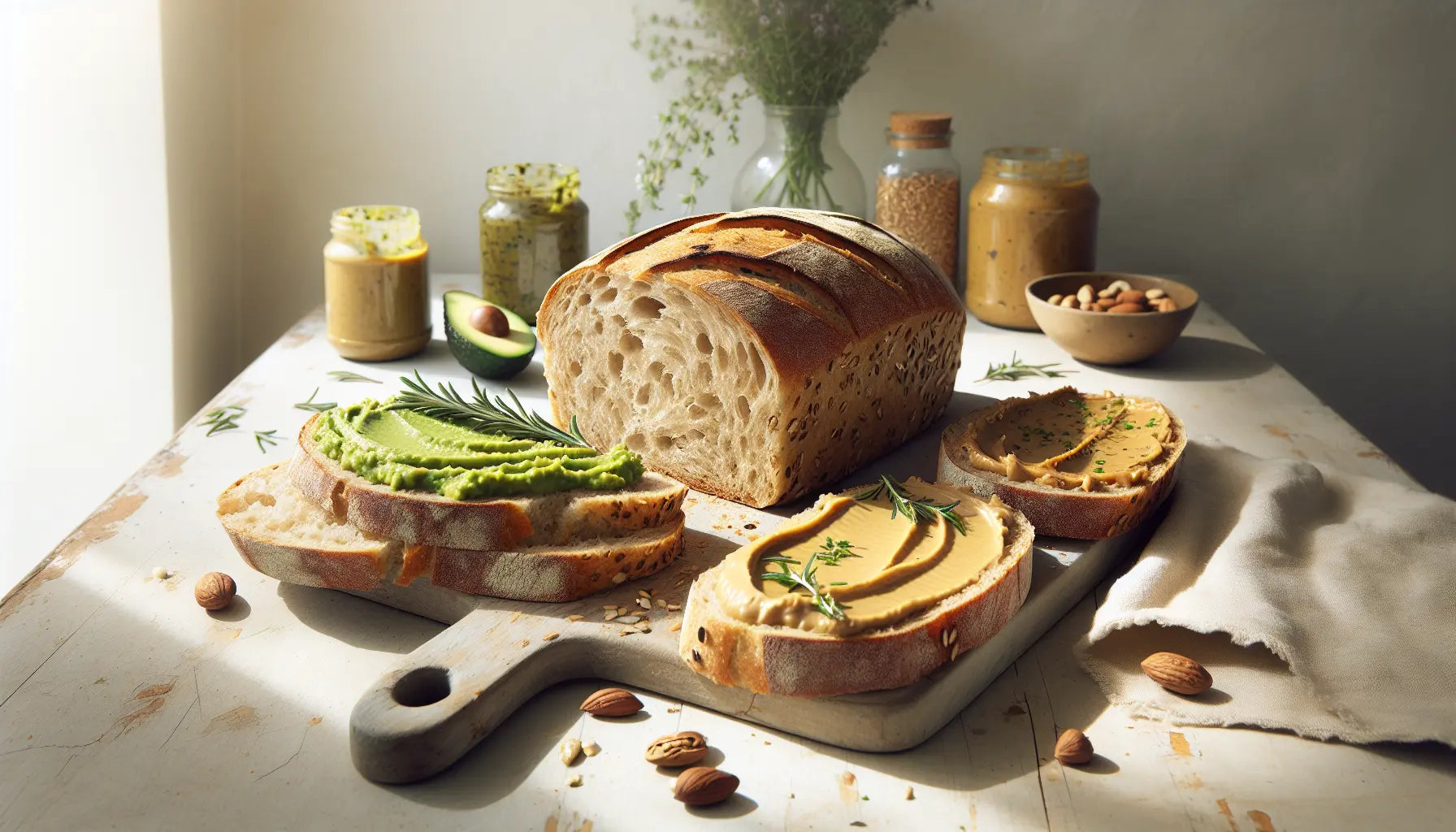 Frisch gebackenes Brot mit veganem Hummus Avocado Nussmus umgeben von frischen Kraeutern und Nussen auf rustikaler Holzoberflaeche