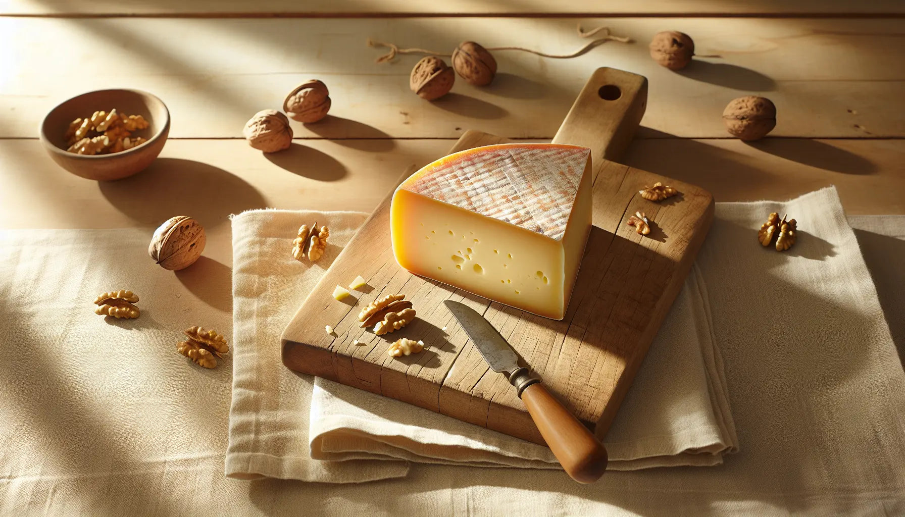 Stueck Gouda Kaese auf rustikalem Holzbrett mit Nuesse und frischem Obst bei warmem Tageslicht