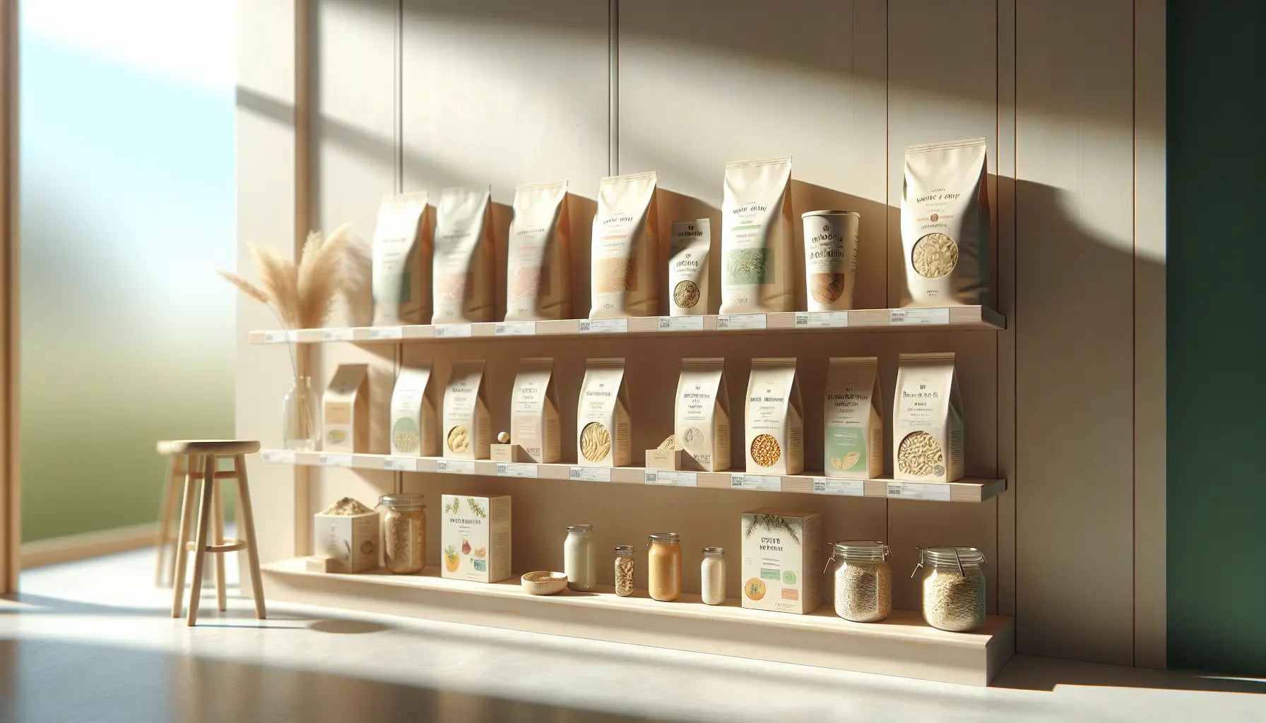 supermarktregal mit veganen produkten in hellen holzregalen mit sichtbaren zutatenlisten und pflanzlichen lebensmitteln
