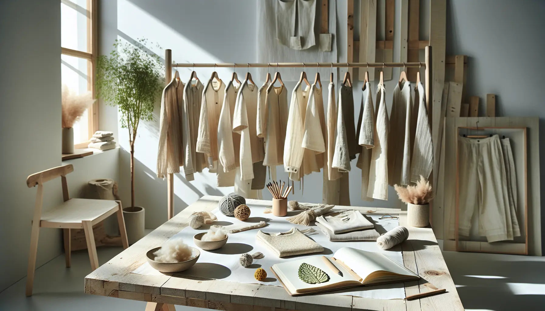 nachhaltige modekollektion mit baumwolle hanf pinatex mylo auf hellem holztisch mit minimalistischem designstudio hintergrund