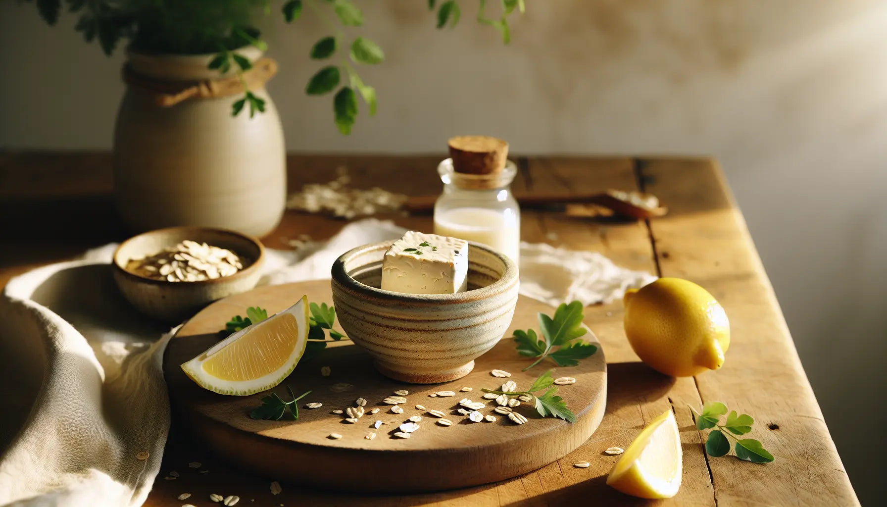tofu frischkaese auf rustikalem holzbrett mit frischen kraeutern und zitronenscheiben heller freundlicher hintergrund