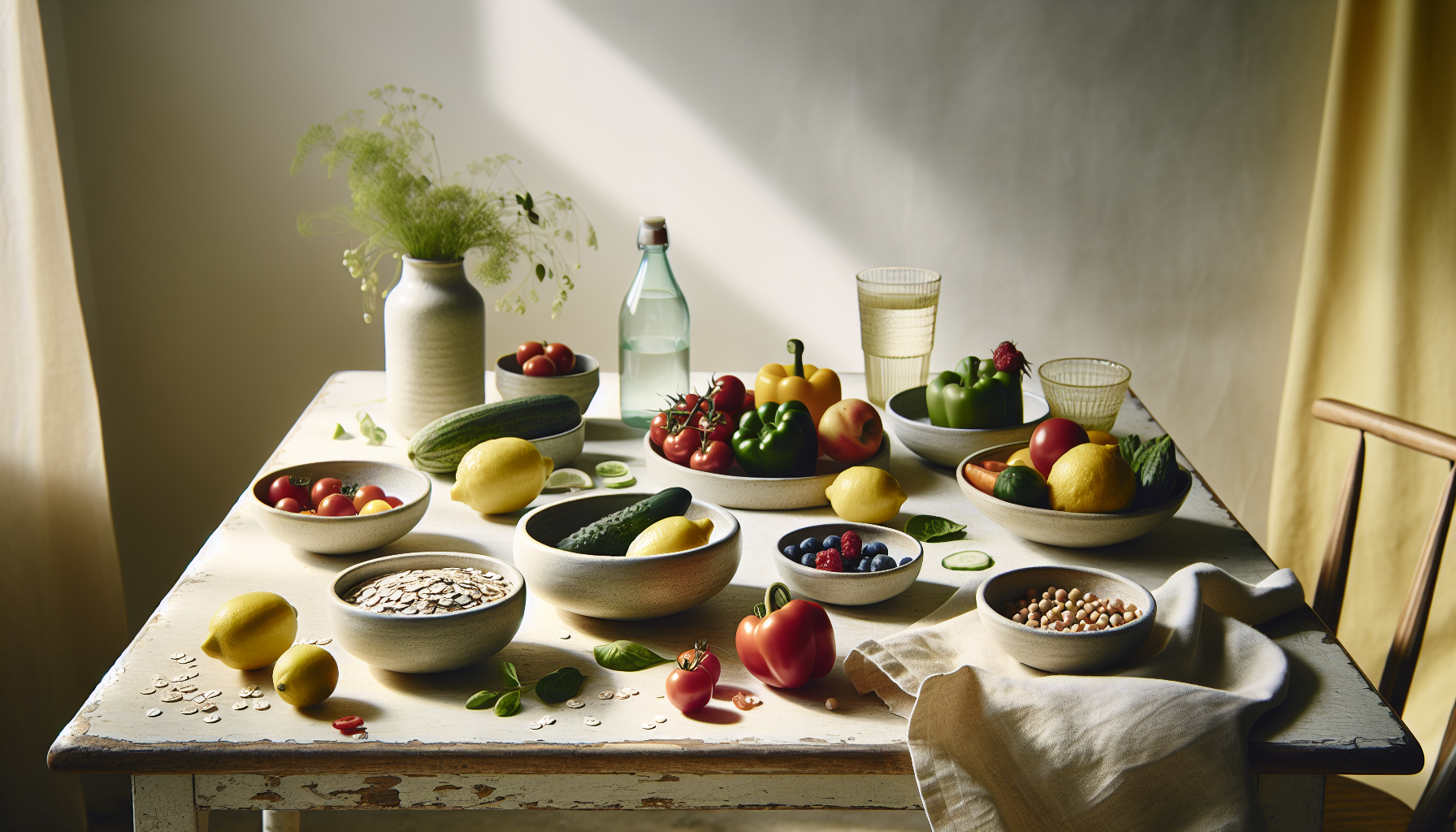 heller rustikaler holztisch mit frischem gemuese obst kichererbsen keramikschalen und glas zitronenwasser morgendliche stimmung