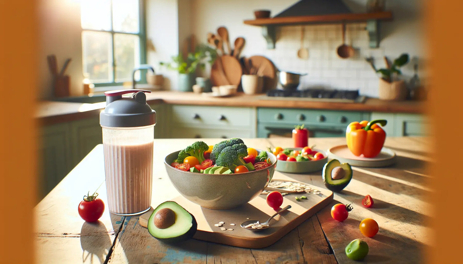 frische pflanzliche zutaten veganes gericht protein shaker auf hellem holztisch in sonniger kuche