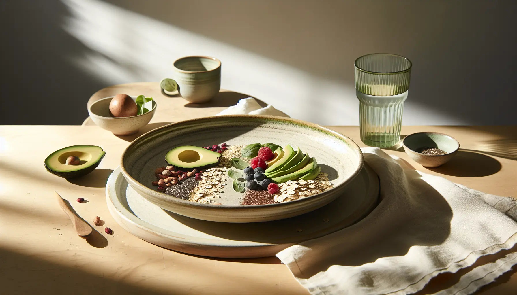 teller mit pflanzlichen lebensmitteln superfoods avocadostuecke haferflocken chiasamen beeren auf hellem holztisch in moderner küche