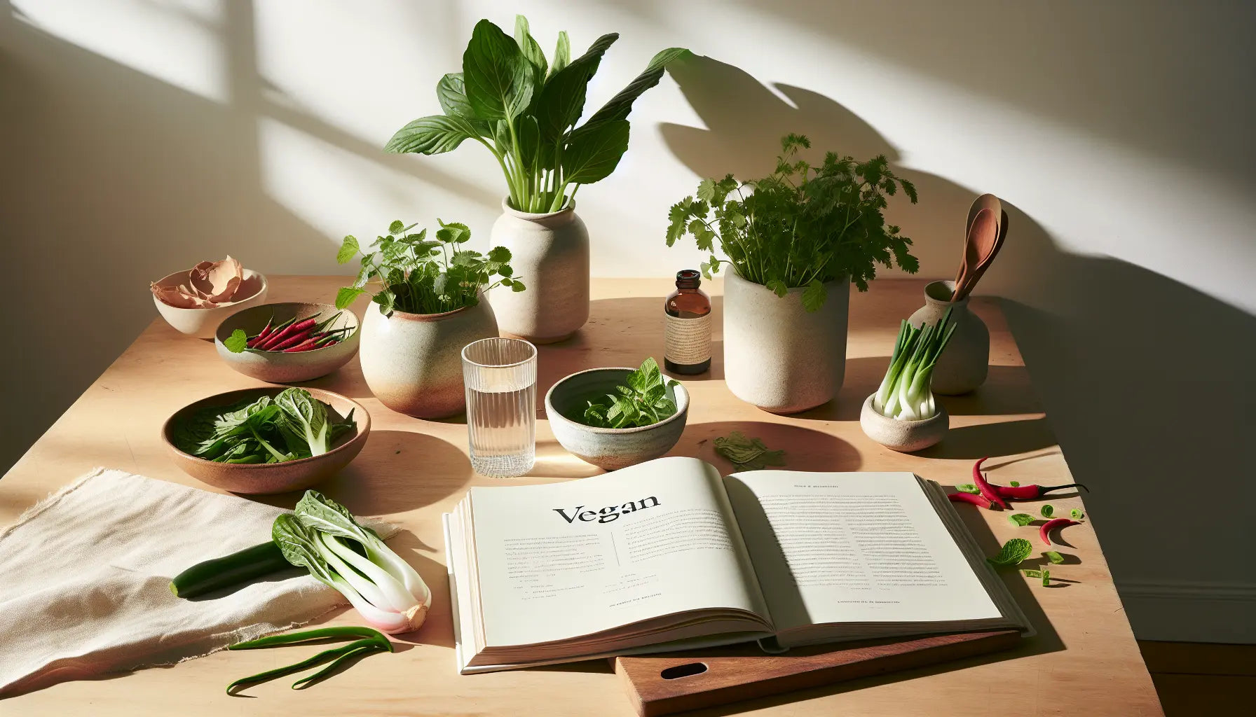 moderner kuchentisch mit offenem veganem kochbuch frischem asiatischem gemuese kraeutertopfen und glas wasser auf hellen untergrund