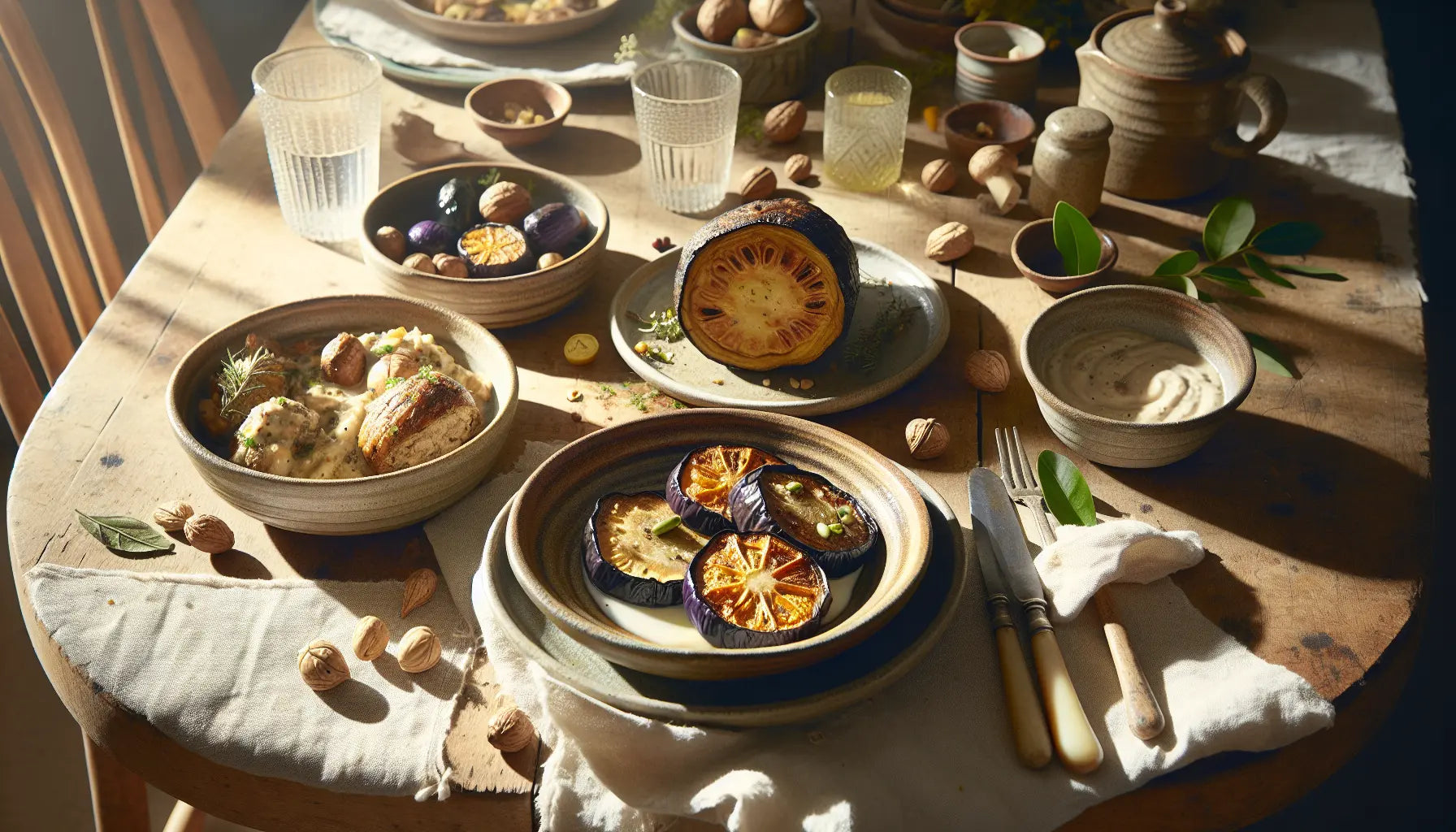 Weihnachtstisch mit vegetarischen Gerichten Nussbraten gefüllte Auberginen Pilzragout auf rustikalem Holz hell und freundlich