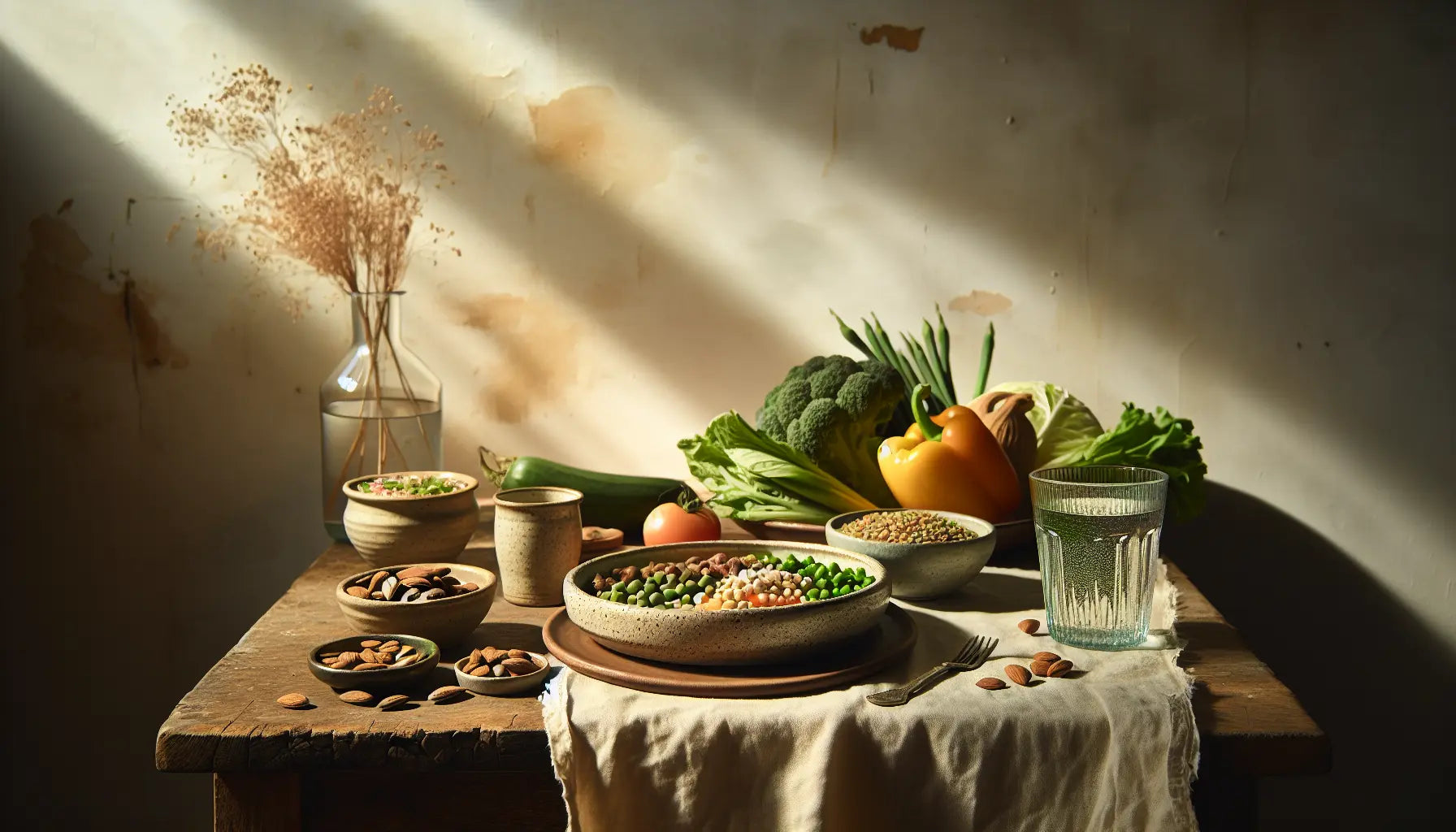 gedeckte tafel mit frischem gemuese h ulsenfruechten vollkornprodukten in rustikaler holzszene ohne menschen minimalistisches tischarrangement