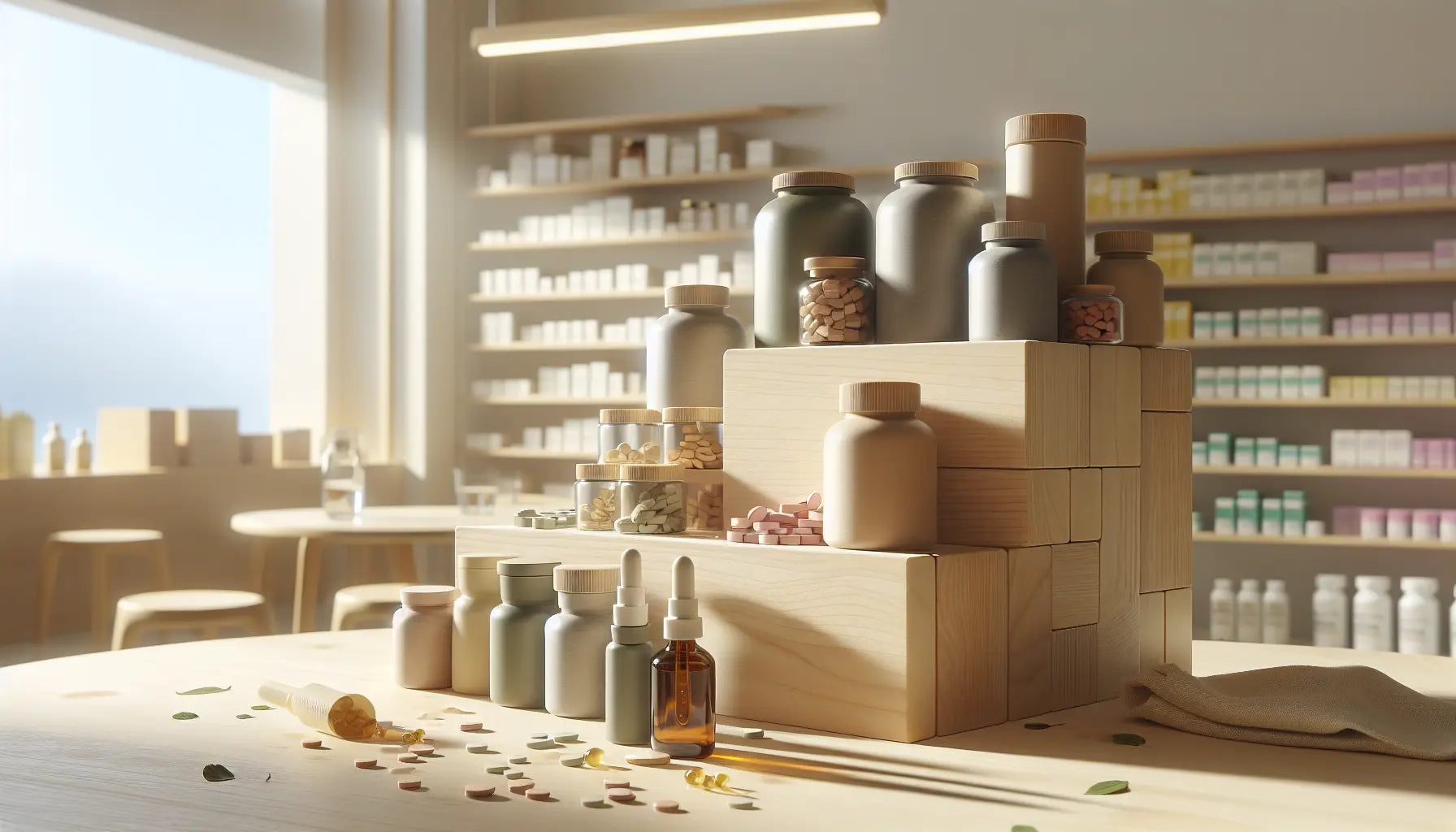 Regal mit verschiedenen Vitamin B12 Supplementen in Flaschen Nasensprays Tropfen in modernem hellen Drogeriegeschaeft