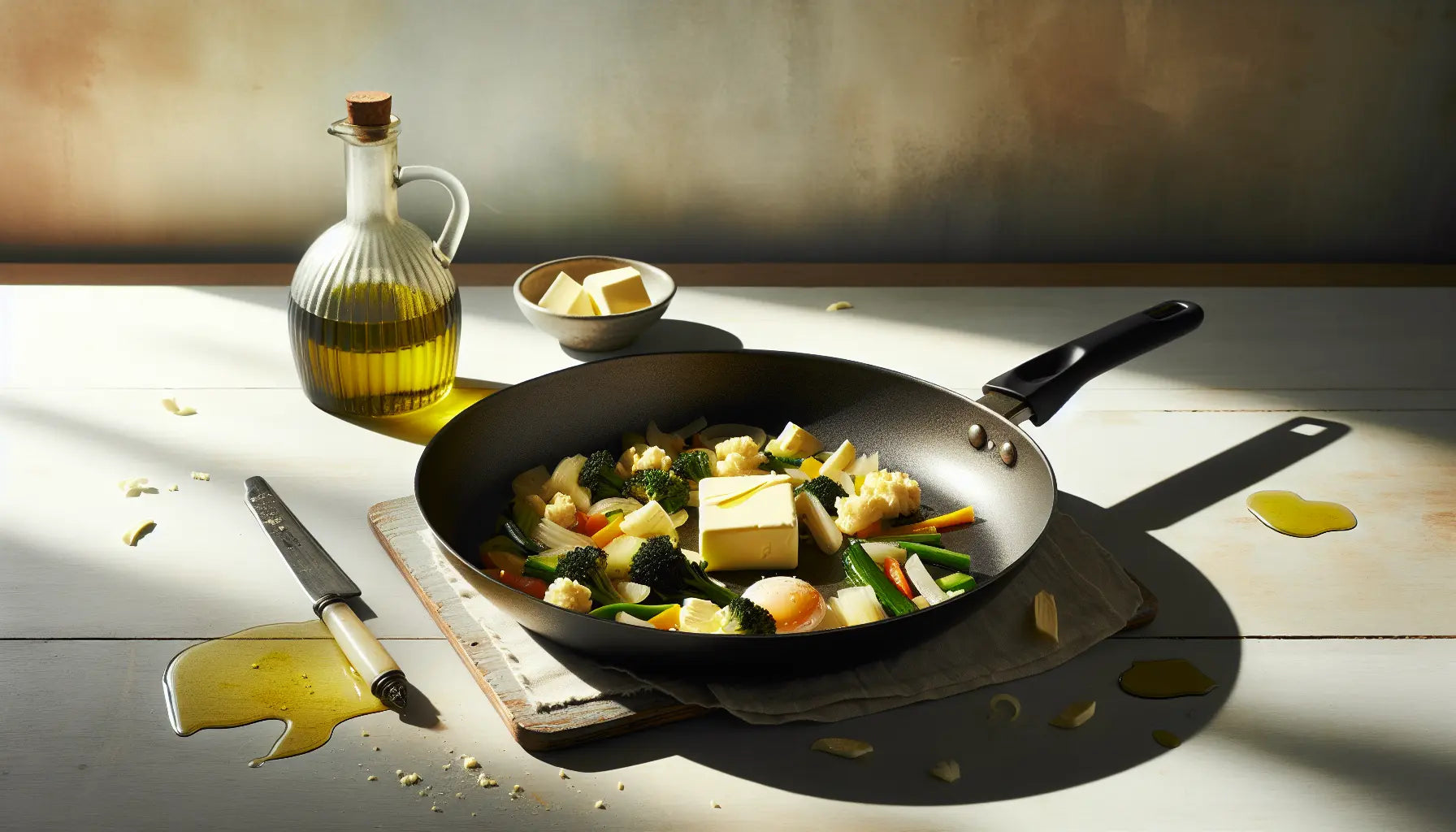 vegane butter in offener packung neben pfanne mit gebratenem gemuese und flasche olivenoel auf hellem holztisch