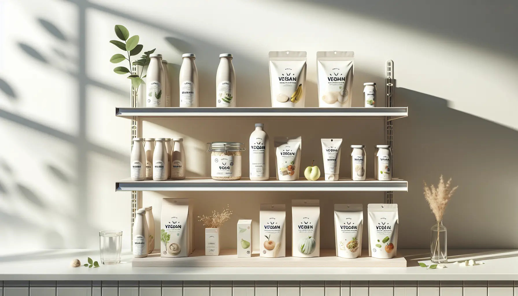 minimalistisches supermarktregal mit veganen verpackungen ohne tierische inhaltsstoffe helle holzregale und freundliche hellen hintergrund
