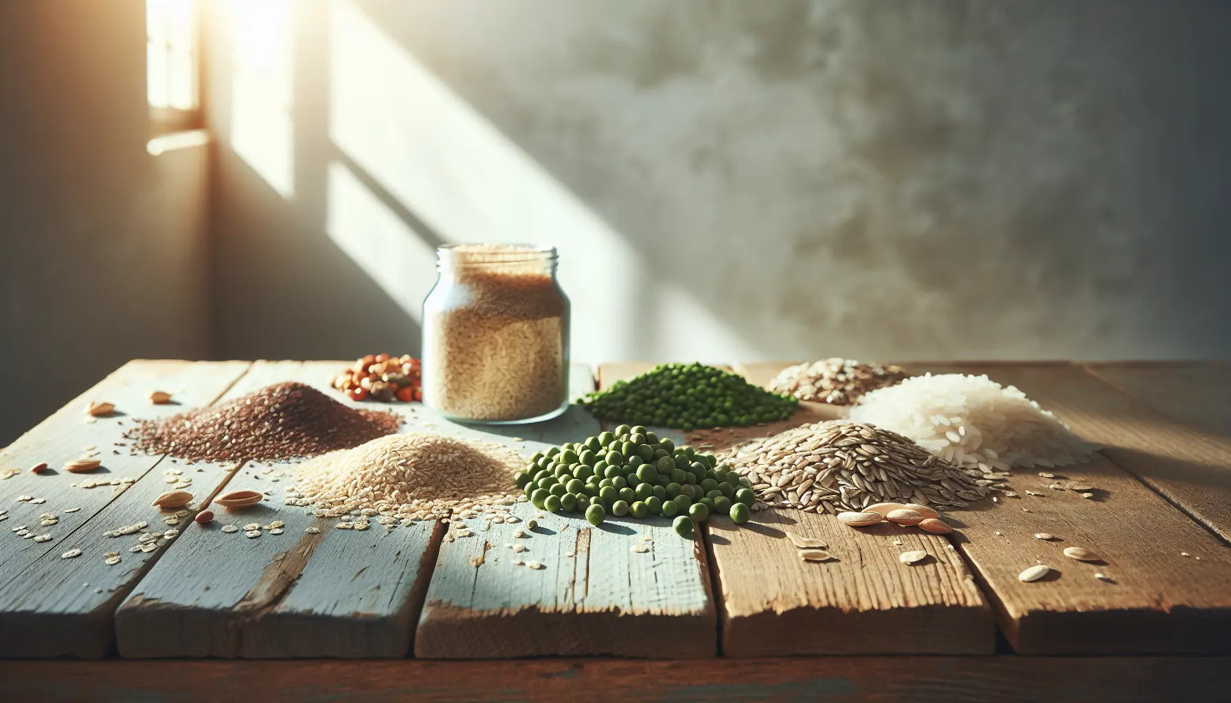 vegane Proteinzutaten Erbsen Reis Hanf Samen und Sonnenblumenkerne auf rustikalem hellem Holztisch