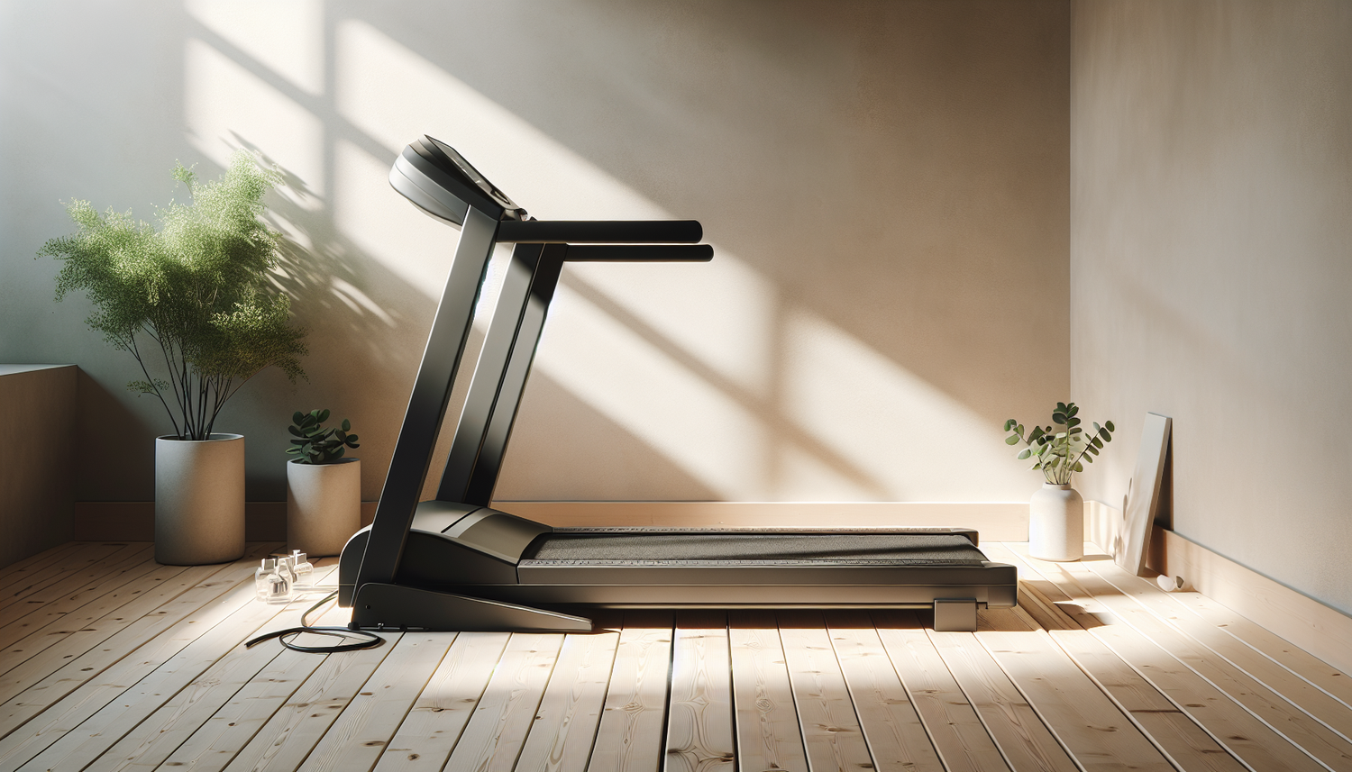 modernes laufband im fitnessstudio mit pflanzen und hellem holzboden bei sonniger tageslichtbeleuchtung