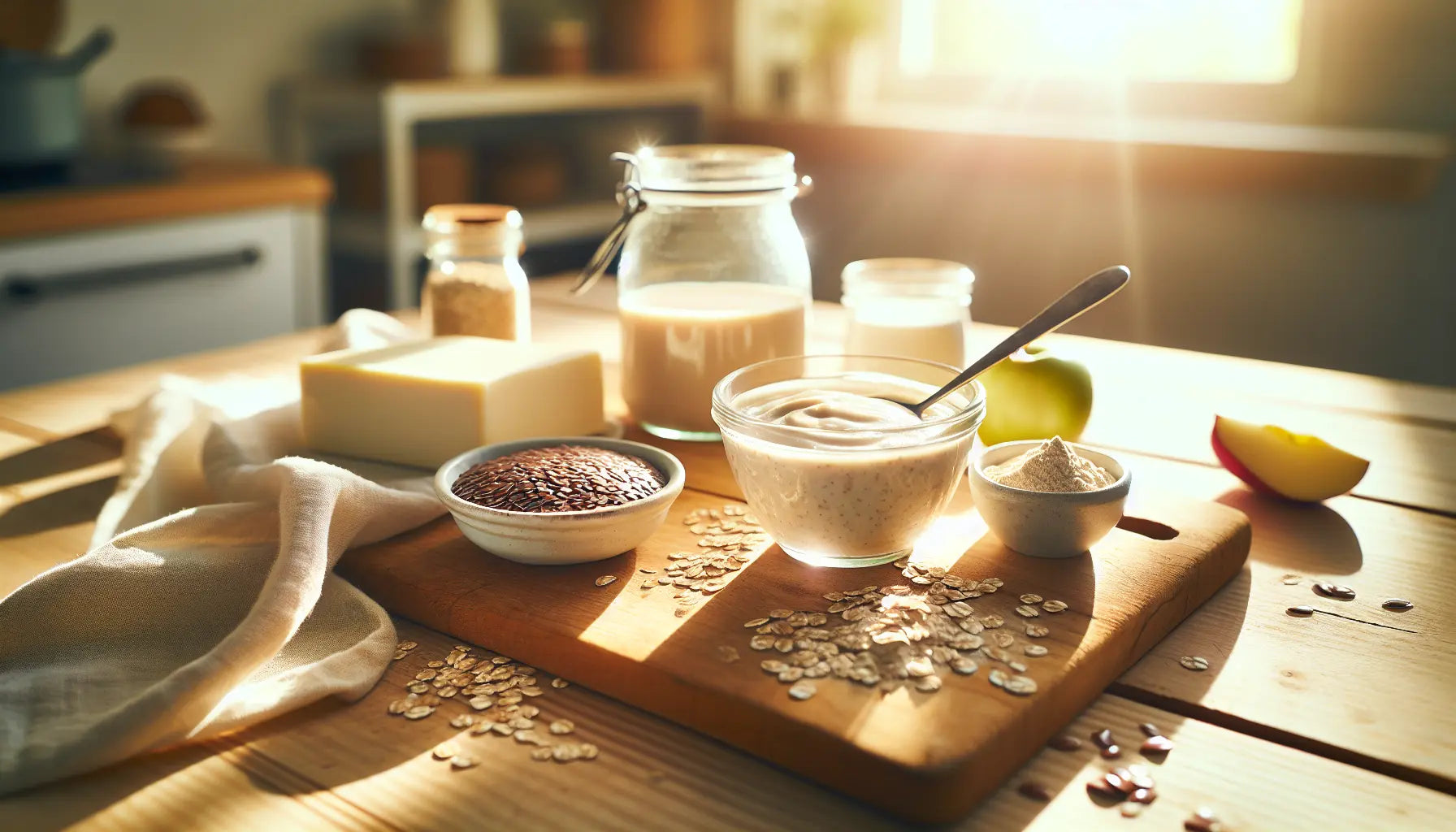 pflanzliche eierersatzstoffe apfelmus leinsamen tofu veganes proteinpulver auf rustikaler holzoberflaeche mit hellem sonnigem hintergrund in küche
