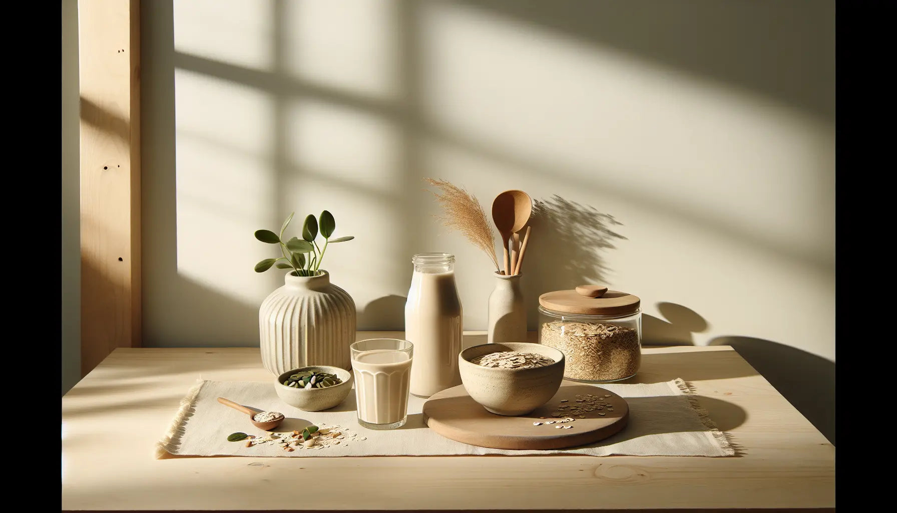 vegane proteinprodukte keramikschale haferflocken glas pflanzlicher proteinshake samen nuessen auf heller holzarbeitsplatte mit weichem cremeuntergrund in heller küche