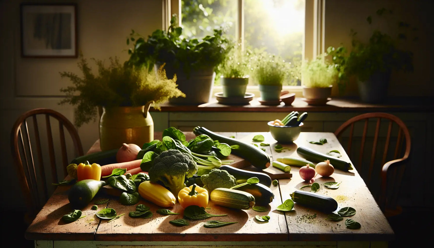 frisches gemuese spinat zucchini brokkoli auf hellem holztisch mit kraeutertoepfen und kochutensilien im hintergrund