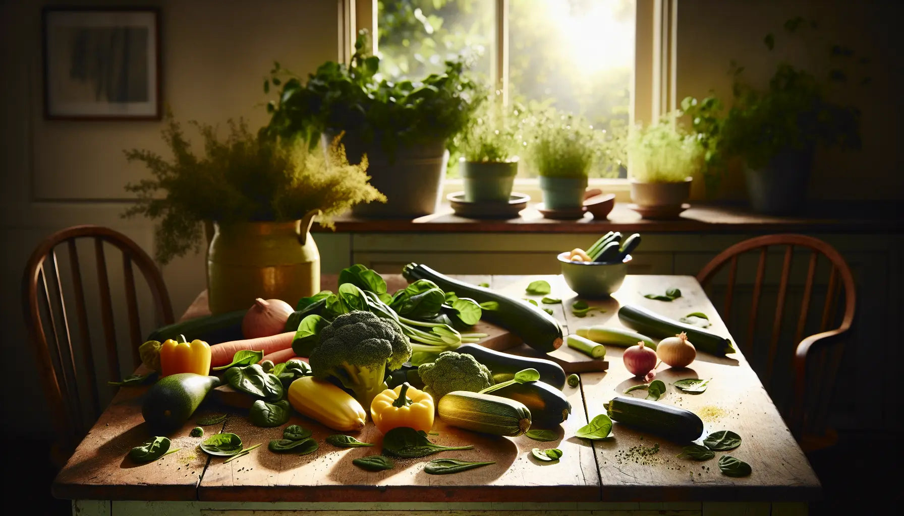 frisches gemuese spinat zucchini brokkoli auf hellem holztisch mit kraeutertoepfen und kochutensilien im hintergrund
