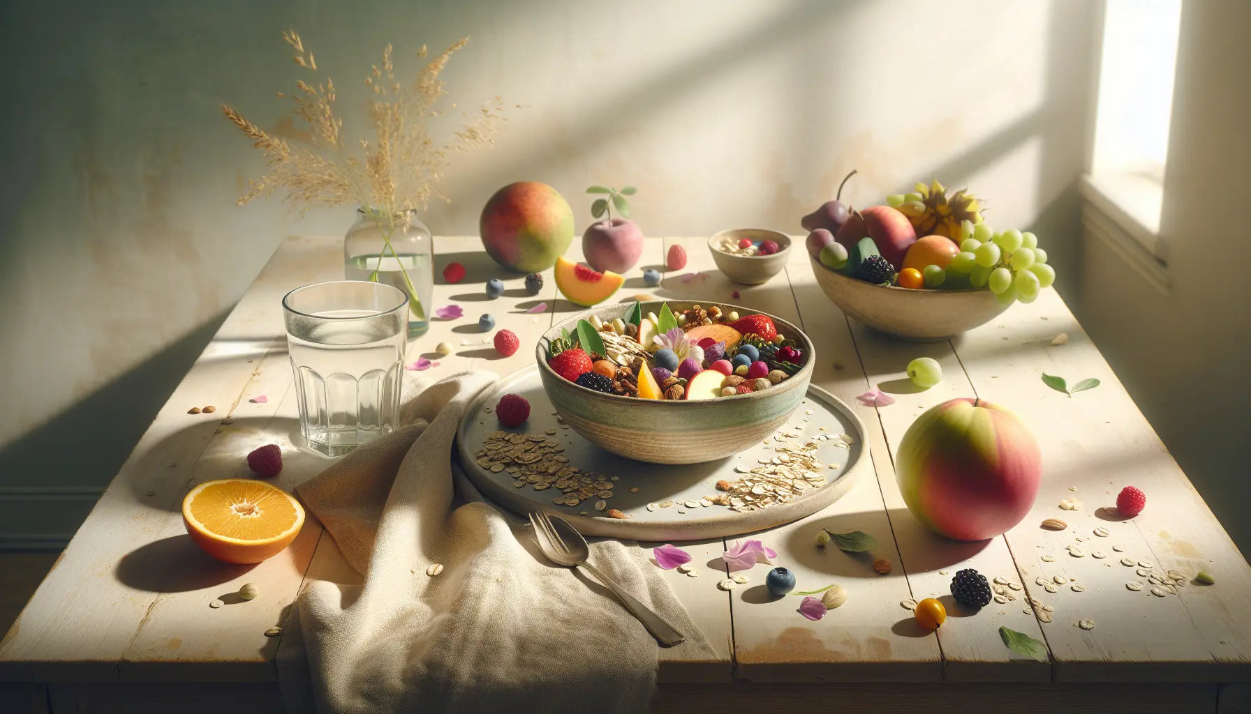 veganes buntes gericht mit frischem obst gemuese nuessen und samen auf hellem rustikalem holztisch in sonniger kuche