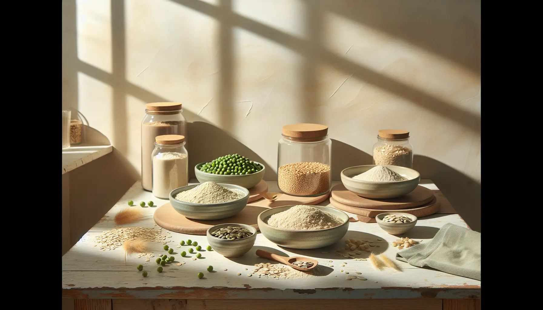 keramikteller mit veganem proteinpulver aus erbsen reis hanf und sonnenblumenkernen auf heller holzoberflaeche mit natuerechten zutaten in kueche