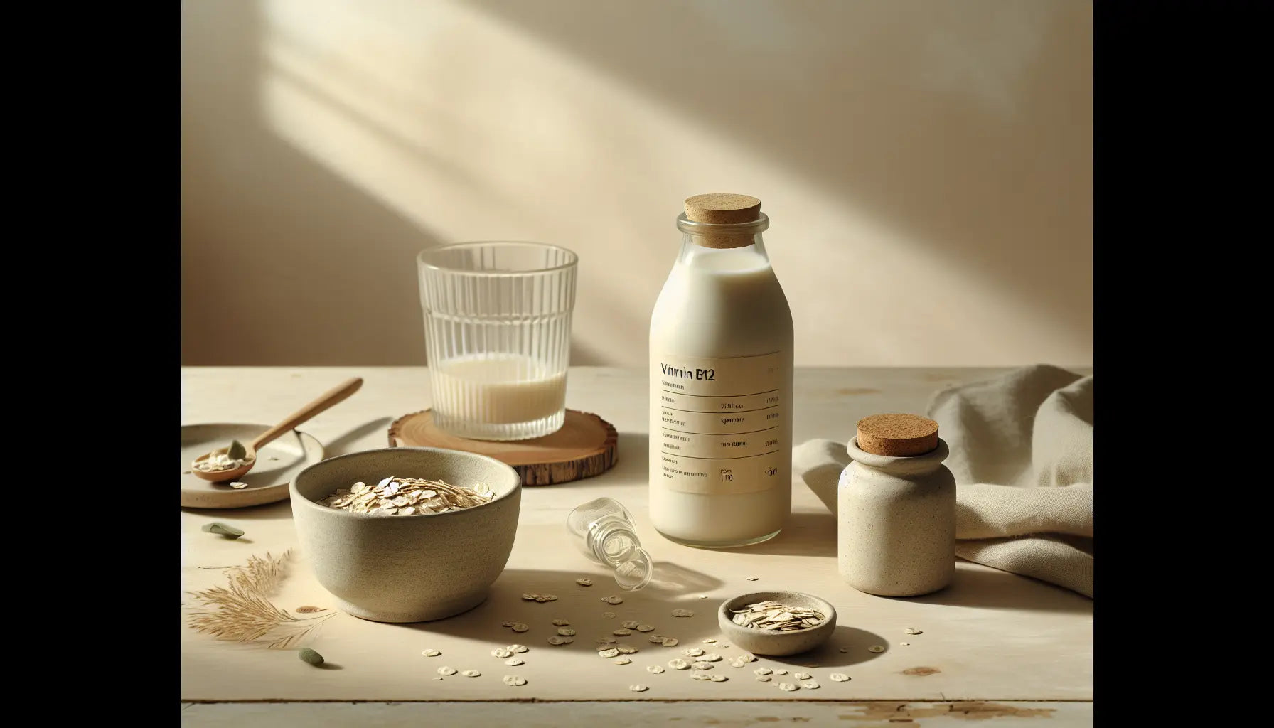 sojamilch offene haferflockenlagerschale vegane supplementdose auf hellem birkenholztisch mit sonnenlicht und leichten samen verstreut