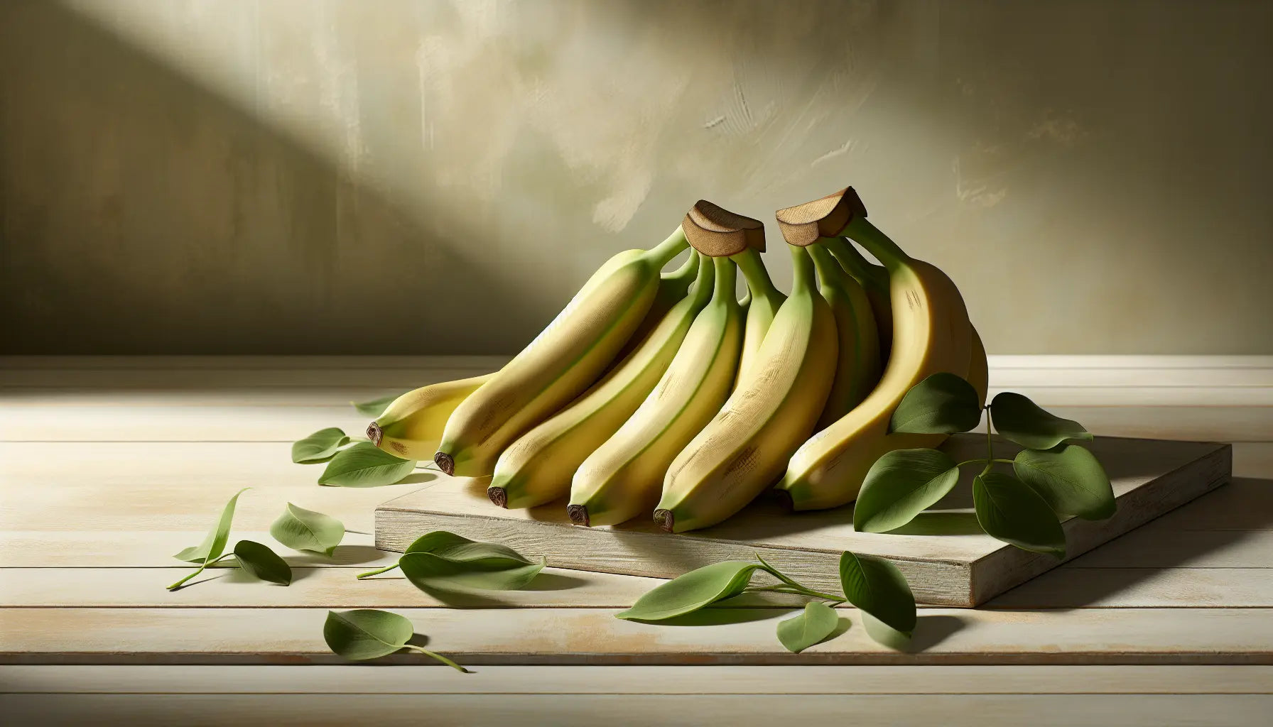 bio bananen gruppe auf hellen rustikalen holzuntergrund mit grunen blattern naturnahes veganes obst