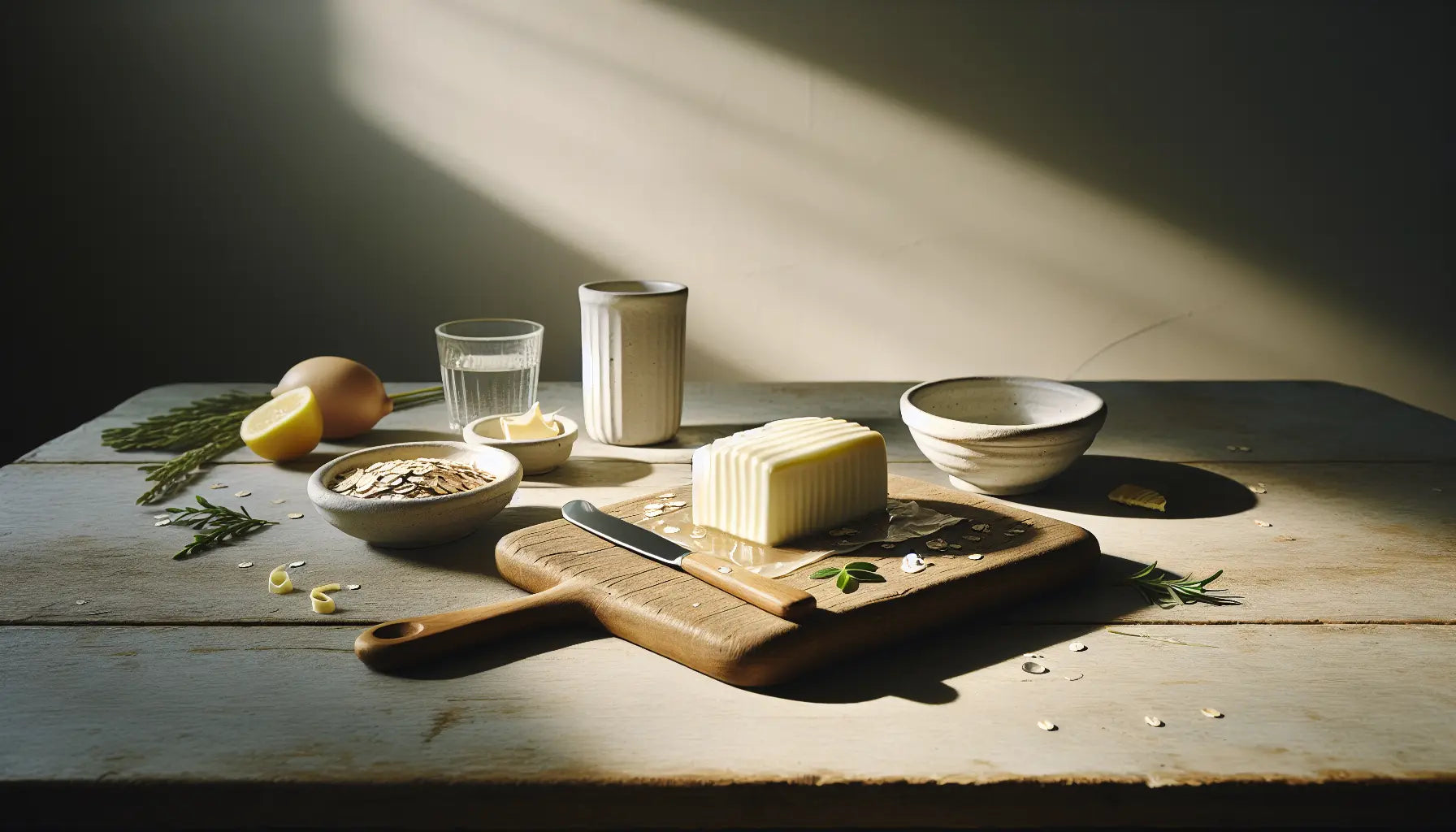 vergleichstisch mit normaler butter und veganer butter neben pflanzlichen zutaten und heller holzoberflaeche