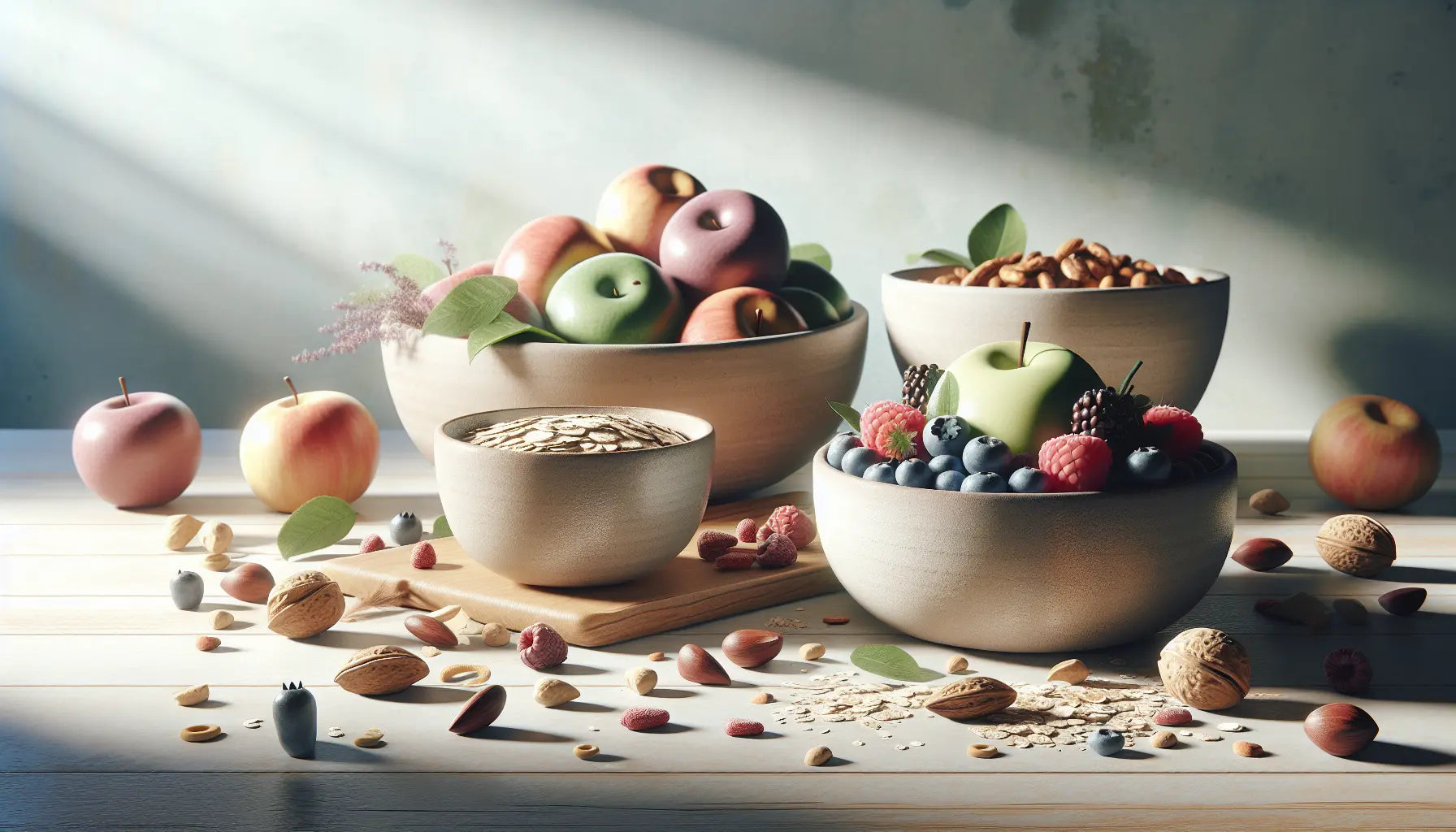keramikschael mit gruener blaetter und nuessen symbol fuer veganismus neben schale mit rohen fruechten symbol fuer rohveganismus und schale mit nuessen und getrockneten fruechten symbol fuer frutarismus auf hellem holztisch