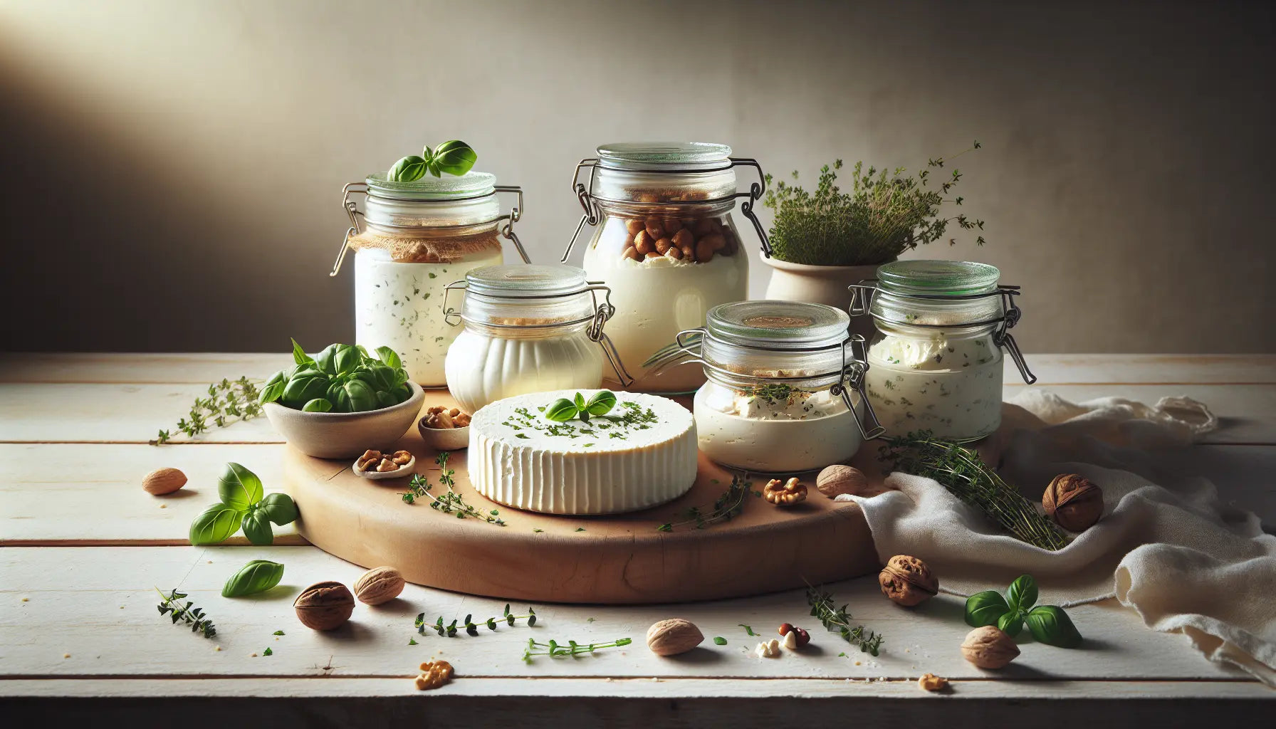 vegane frischkäsesorten in glasgefäßen mit frischen kräutern und nüssen auf rustikalem holztisch