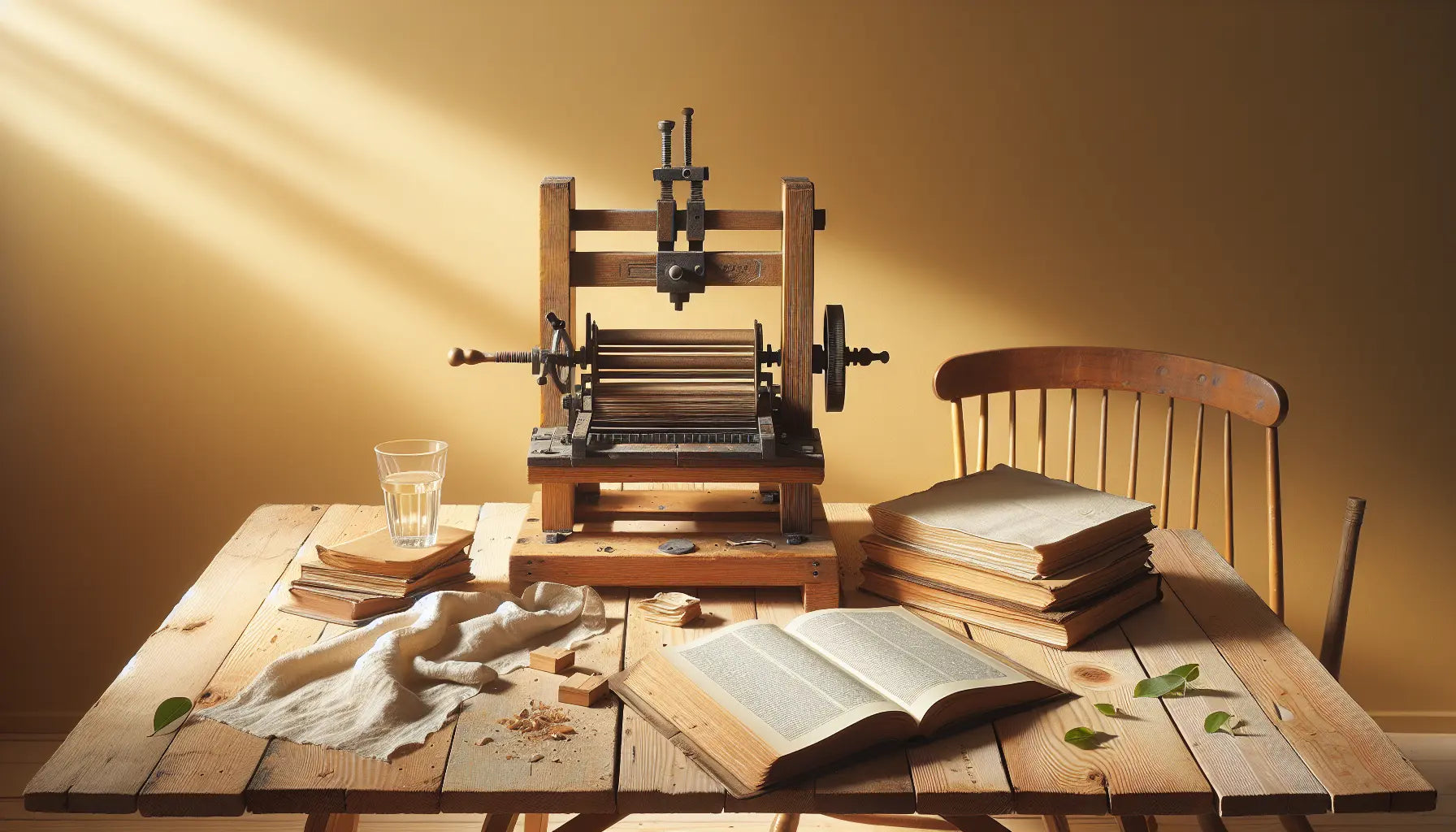 historische buchdruckerpresse auf hellem holztisch mit bibel mao bibel und veganem kochbuch im hintergrund