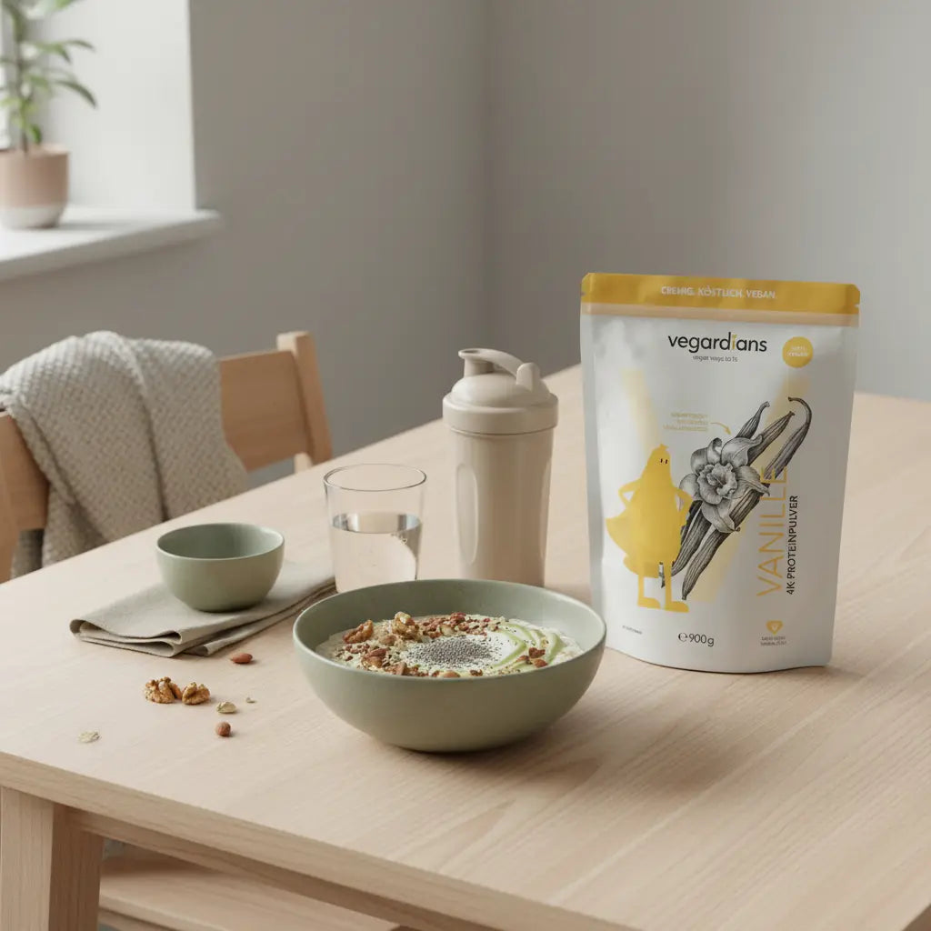 Minimalistische Frühstücksszene für Definitionsphase Essen: nachhaltiger Holztisch mit Haferbrei, Sojajoghurt, Nüssen, Shaker und Wasserglas im sanften Morgenlicht