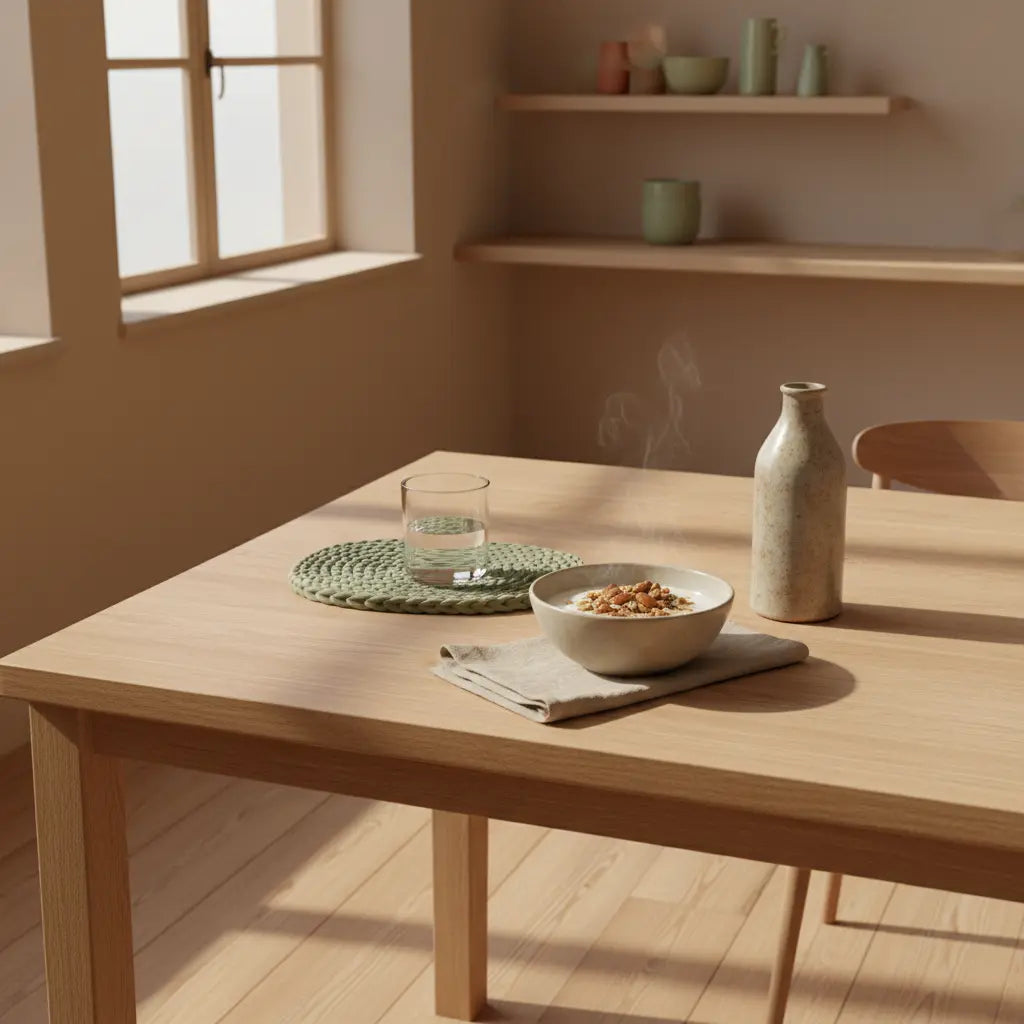 minimalistisches morgenfrühstück in einer europäischen küche mit veganer granola-schale, klarem wasserglas und shake neben dem produkt aus referenzfotos – detox diät, erdige beigetöne und salbeiakzente.