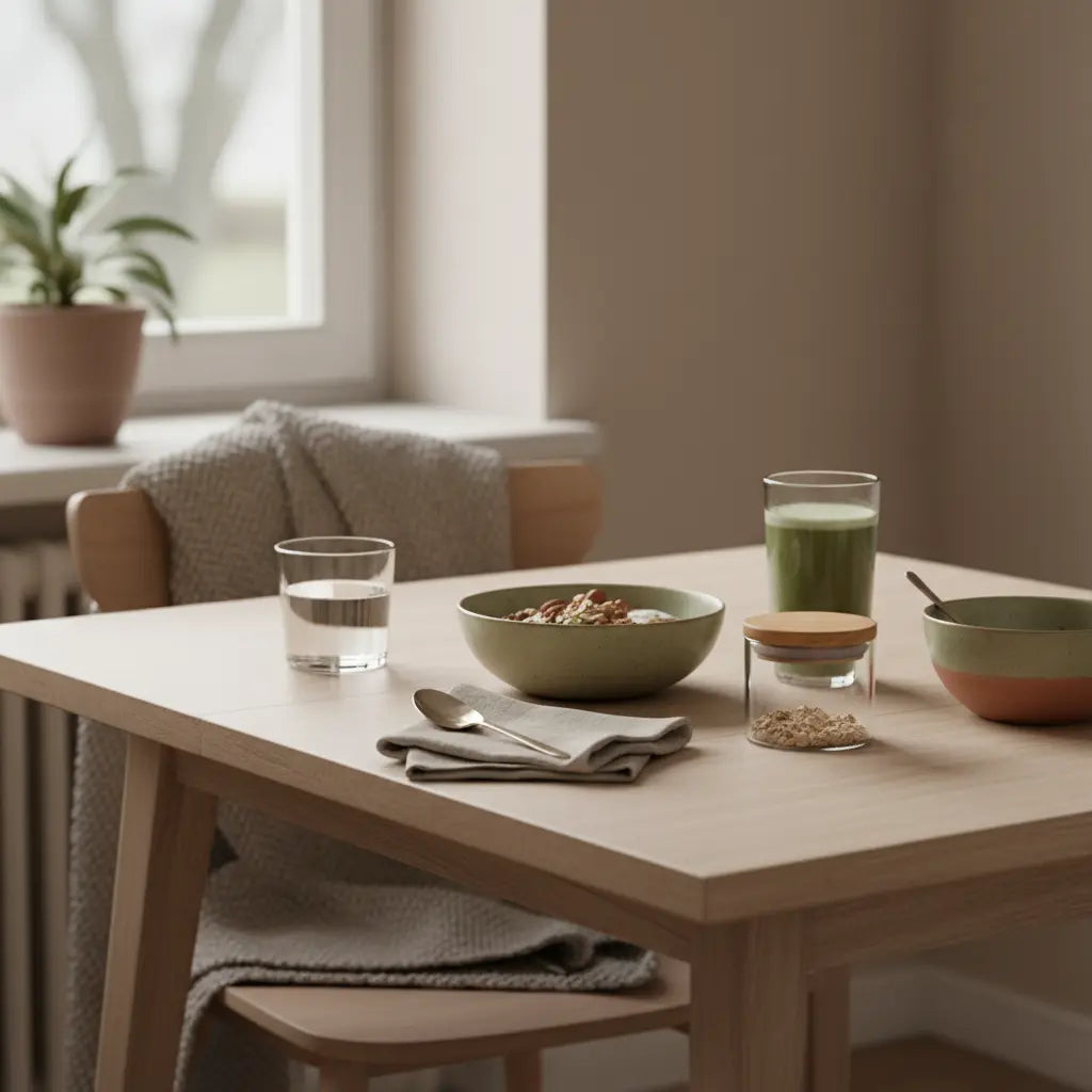 Minimalistischer Frühstückstisch mit Granola, Joghurt, Nüssen, Shake, klarem Wasserglas und dem Produkt Detoxtox vor beigem Vegardians-Hintergrund #F7EDE6, ruhig und nährend.