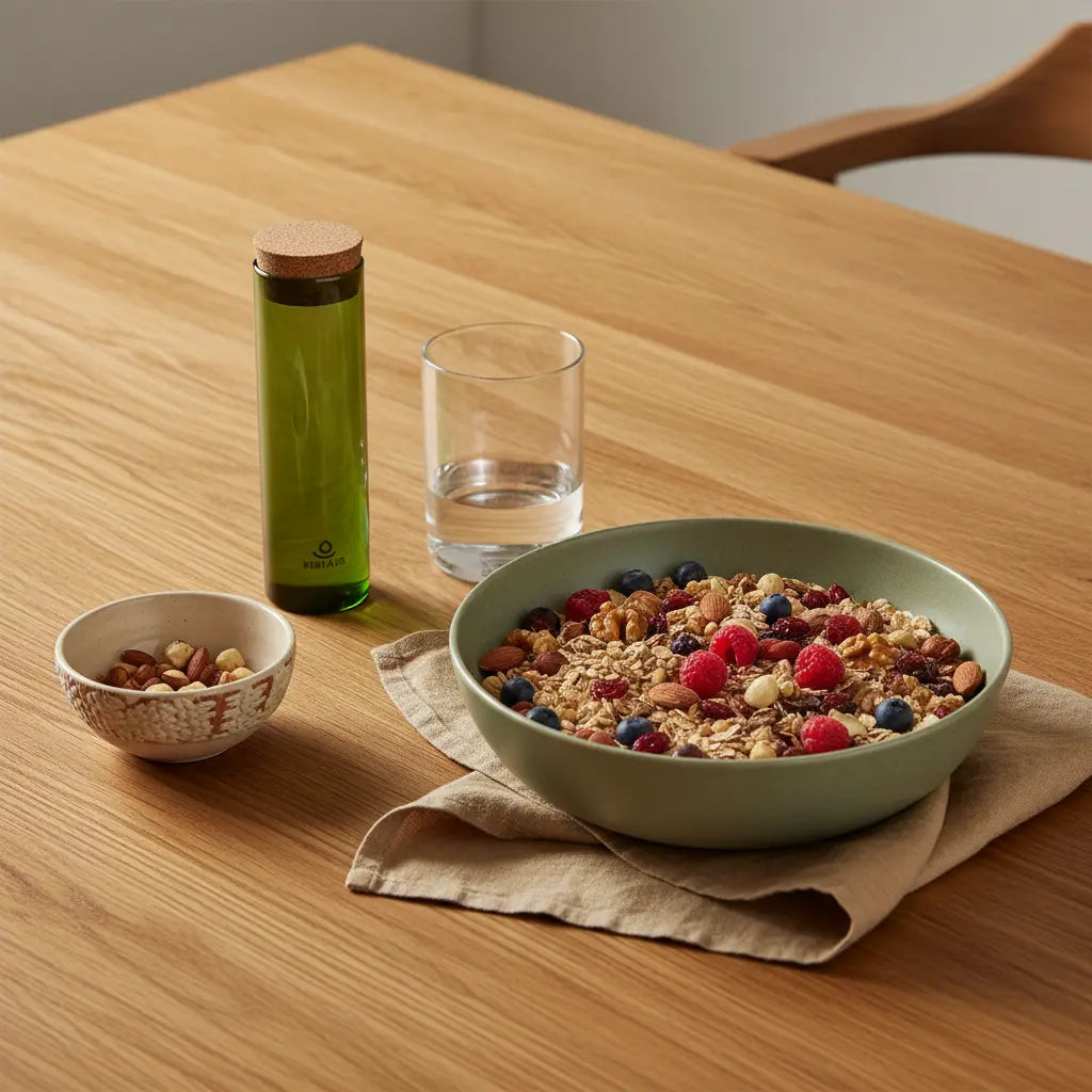 Minimalistisches Morgenfrühstück mit pflanzenbetonter Müslischale, Glas Wasser und Keramikdetails auf Holztisch – stilvolle Szene für Diäten.