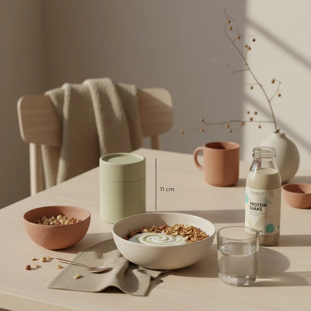Minimalistisches Frühstück auf Holztisch mit Granola, pflanzlichem Joghurt, Nüssen, Shake und Wasserglas mit Woll- und Leinenakzenten; diätfreundliche Kekse sichtbar.