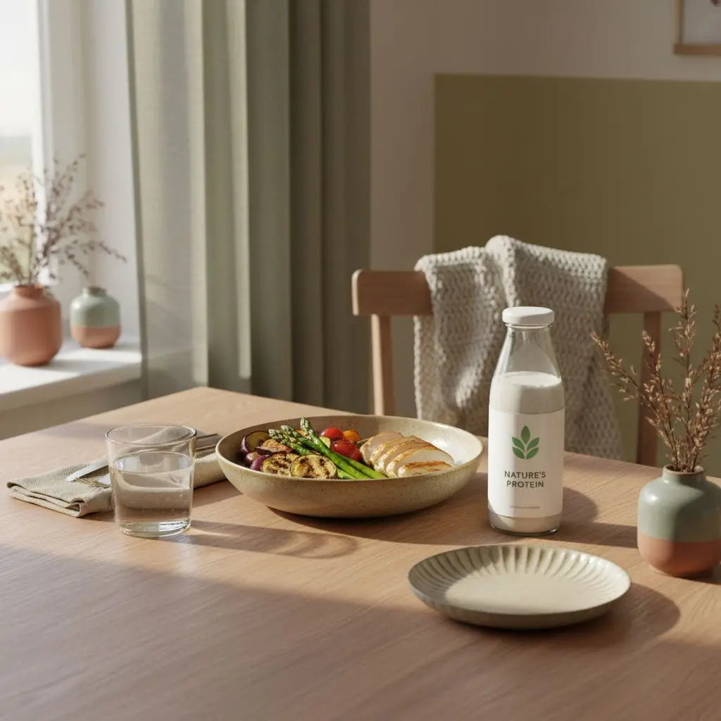 Minimalistische europäische Küchenaufnahme mit diätfreundliche liefergerichte: gegrilltes Gemüse, gegrilltes Hähnchen/Tofu, Proteinshake in Glasflasche, klares Wasserglas auf Holztisch.