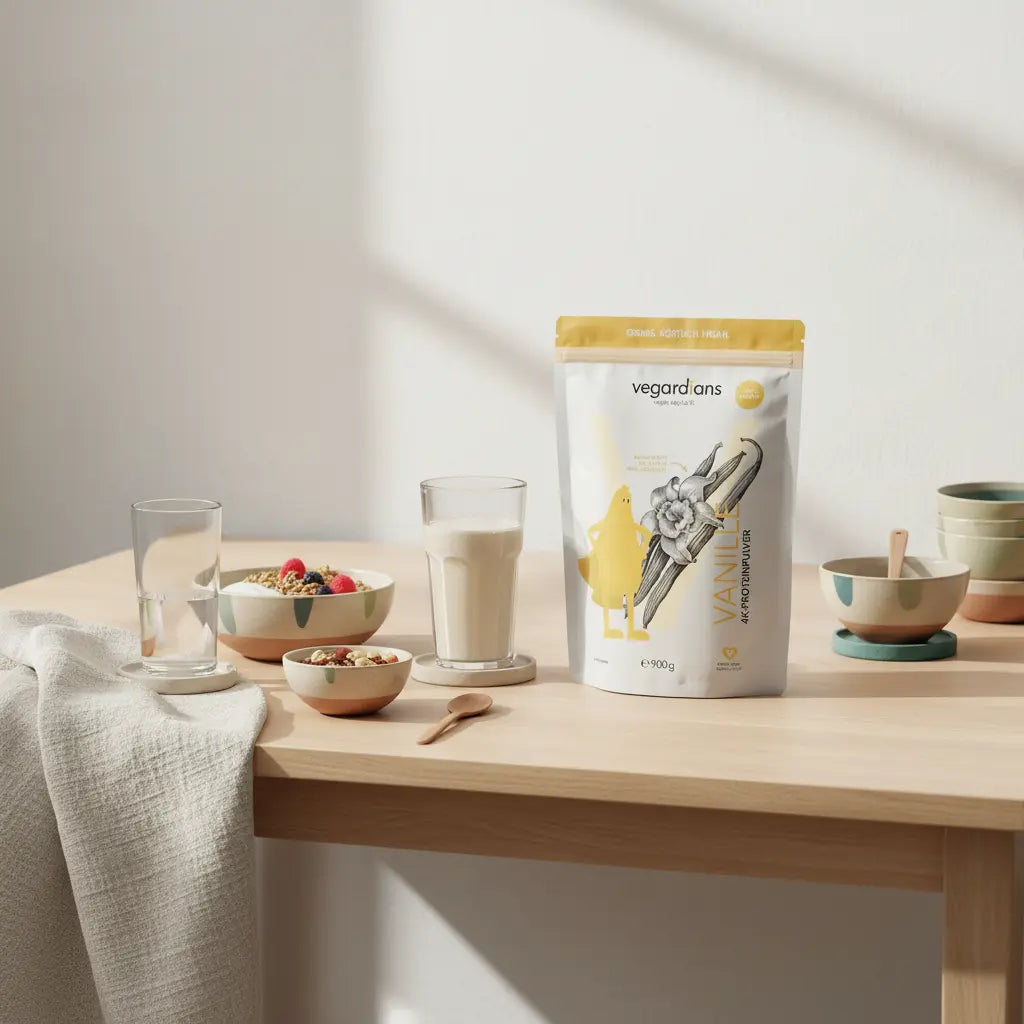 Minimalistische Morgen-Küchenszene mit Holztisch, Glas Wasser, Müsli, Nüssen, Shake und diätpulver-Produkt in erdigen Beige-, Salbei- und Terrakotta-Tönen.