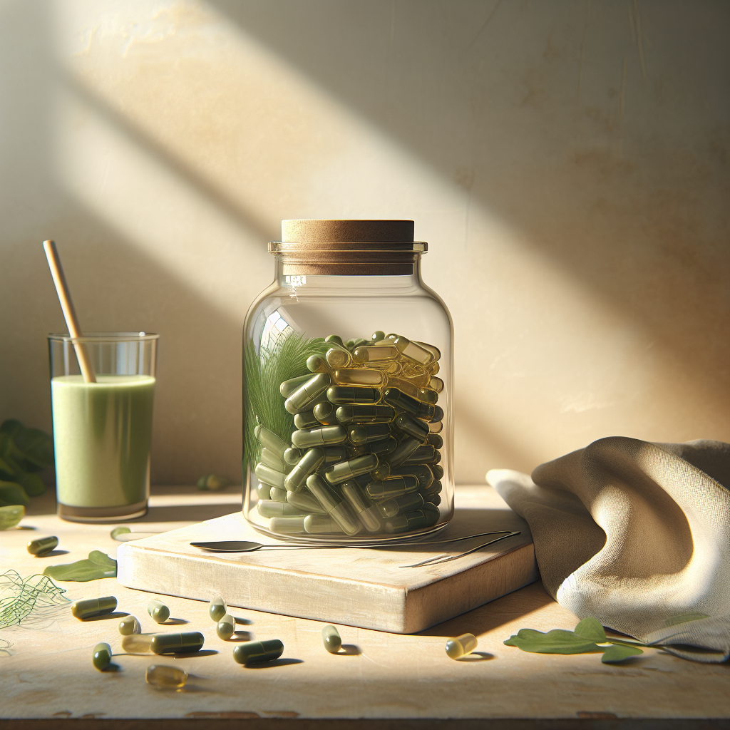 Glas mit veganen Omega-3-Kapseln aus Algen, umgeben von zarten grünen Blättern auf hellem Holztisch vor sonnenbeschienener Wand
