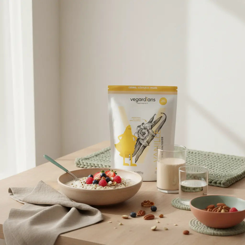 Minimalistische Morgenküche mit Haferbrei, Beeren, Nüssen, Proteinshake und Glas Wasser auf nachhaltigem Holztisch – effektivste Abnehmmethode