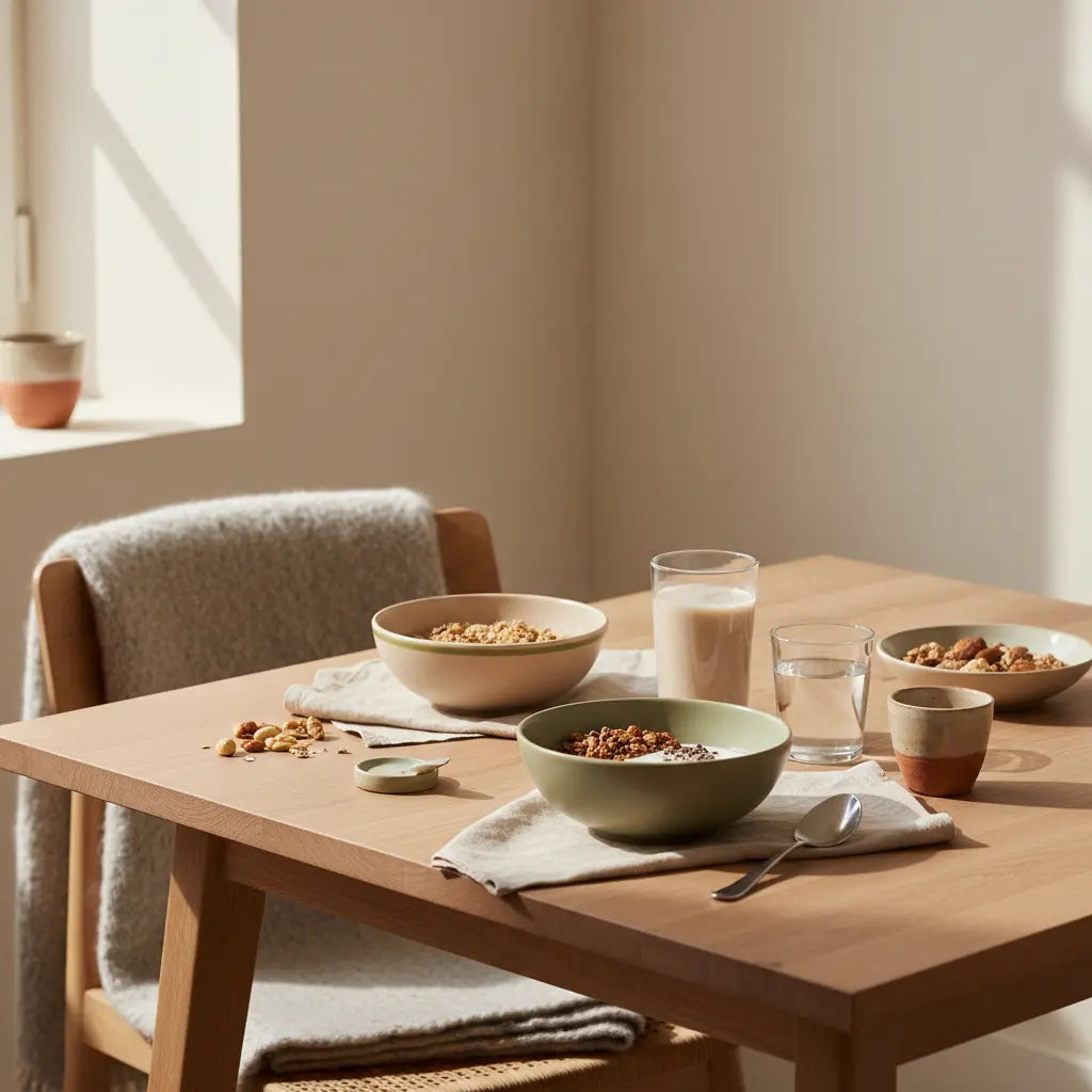 Veganes Frühstück mit Granola, Joghurt, Nüssen und Shake in minimalistischer Küche, ruhige Winterdetails — Illustration zu Eier bei Niereninsuffizienz